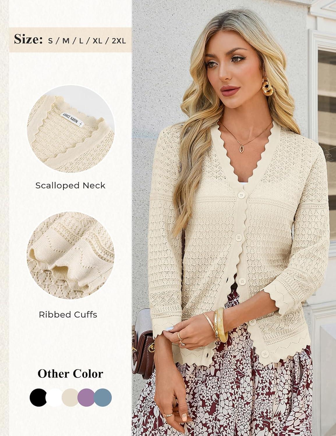 imageGRACE KARIN Womens 34 Sleeve Cardigan Lightweight Hollowed Crochet Shrug Trendy Summer Sweaters for Casual VacationApricot