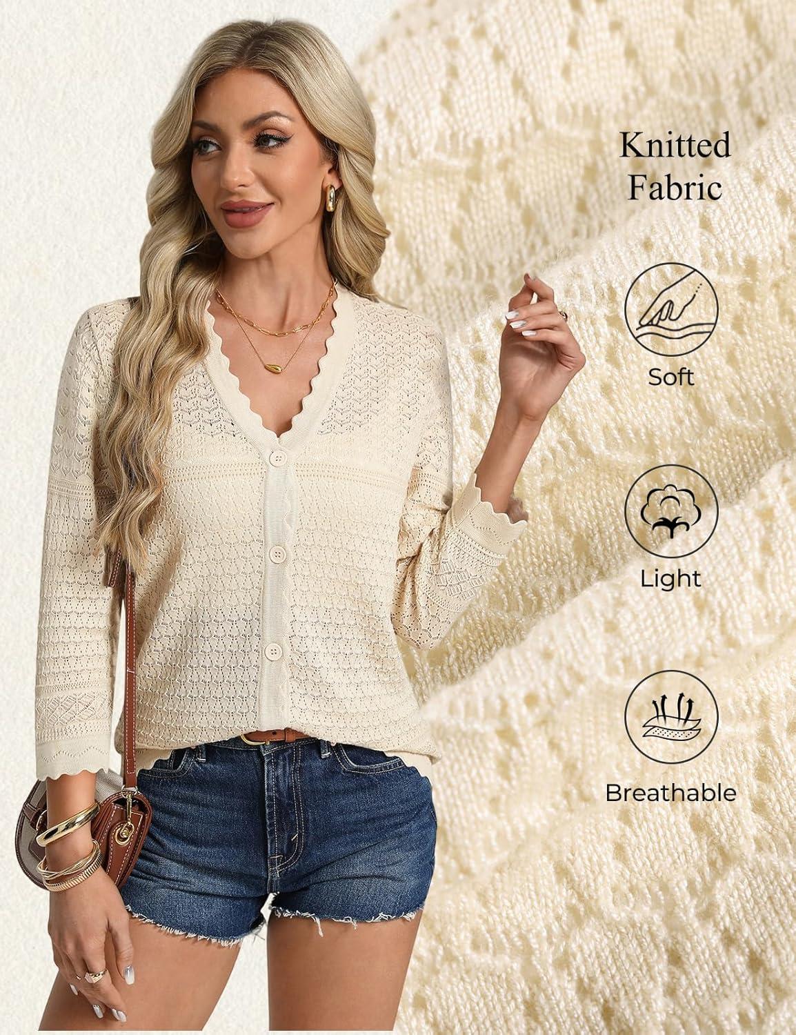imageGRACE KARIN Womens 34 Sleeve Cardigan Lightweight Hollowed Crochet Shrug Trendy Summer Sweaters for Casual VacationApricot