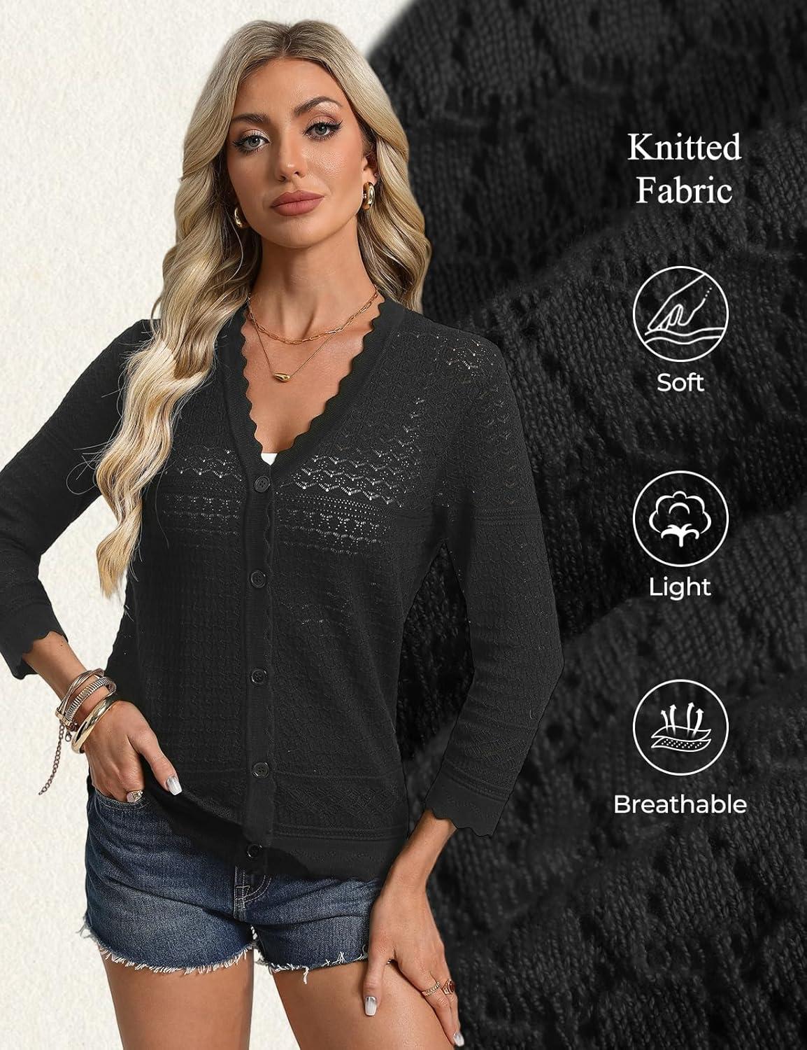 imageGRACE KARIN Womens 34 Sleeve Cardigan Lightweight Hollowed Crochet Shrug Trendy Summer Sweaters for Casual VacationBlack