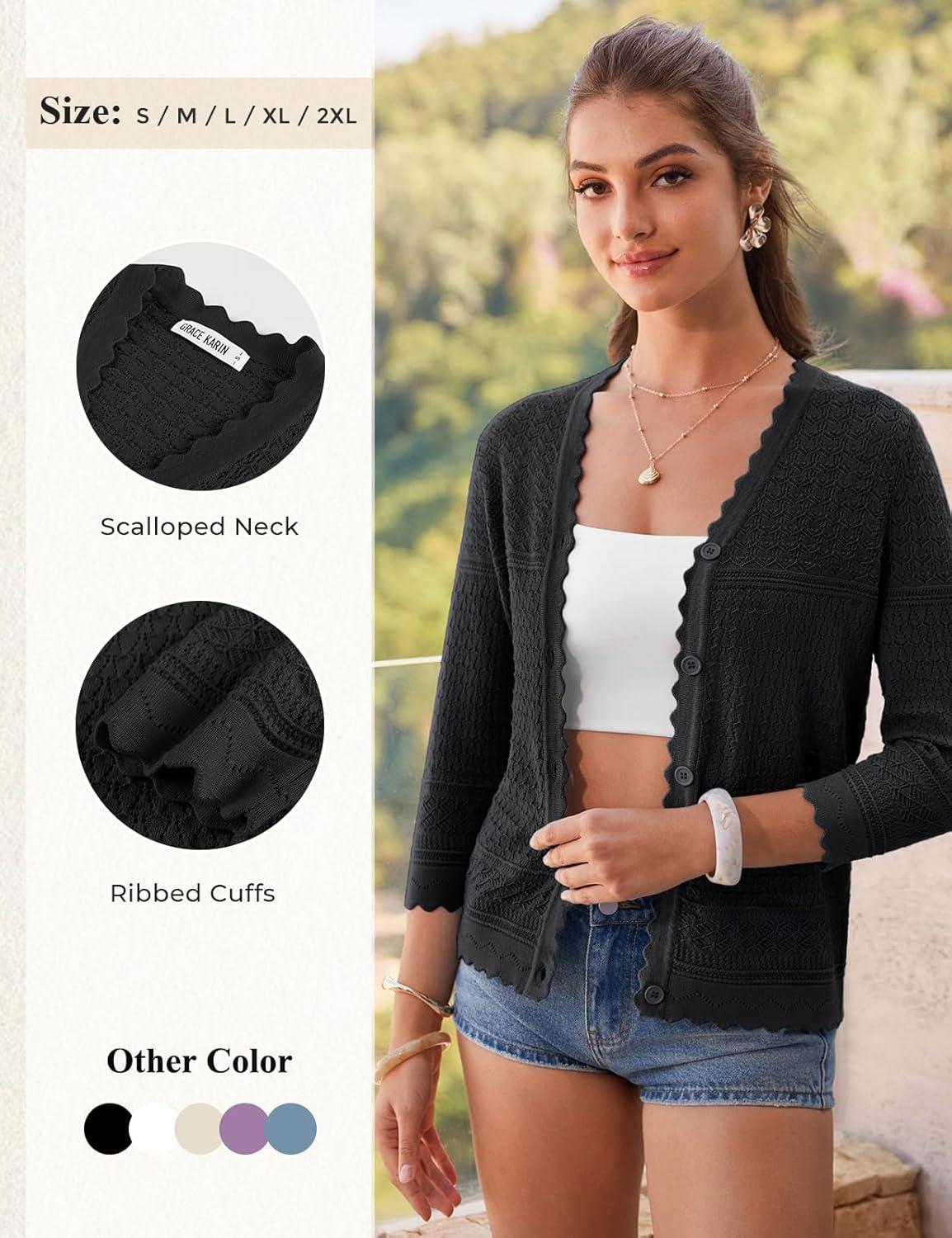 imageGRACE KARIN Womens 34 Sleeve Cardigan Lightweight Hollowed Crochet Shrug Trendy Summer Sweaters for Casual VacationBlack
