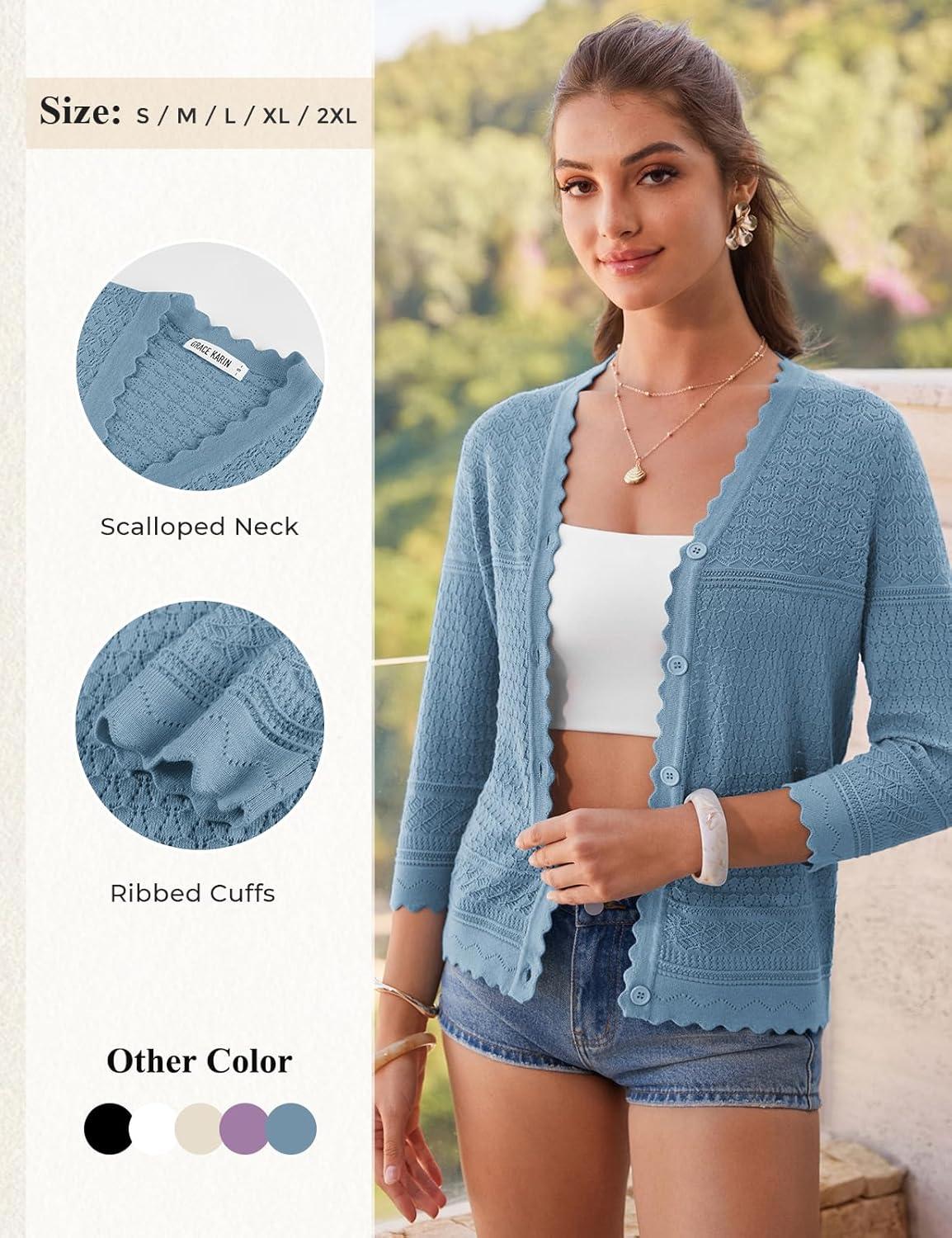 imageGRACE KARIN Womens 34 Sleeve Cardigan Lightweight Hollowed Crochet Shrug Trendy Summer Sweaters for Casual VacationBlue Grey