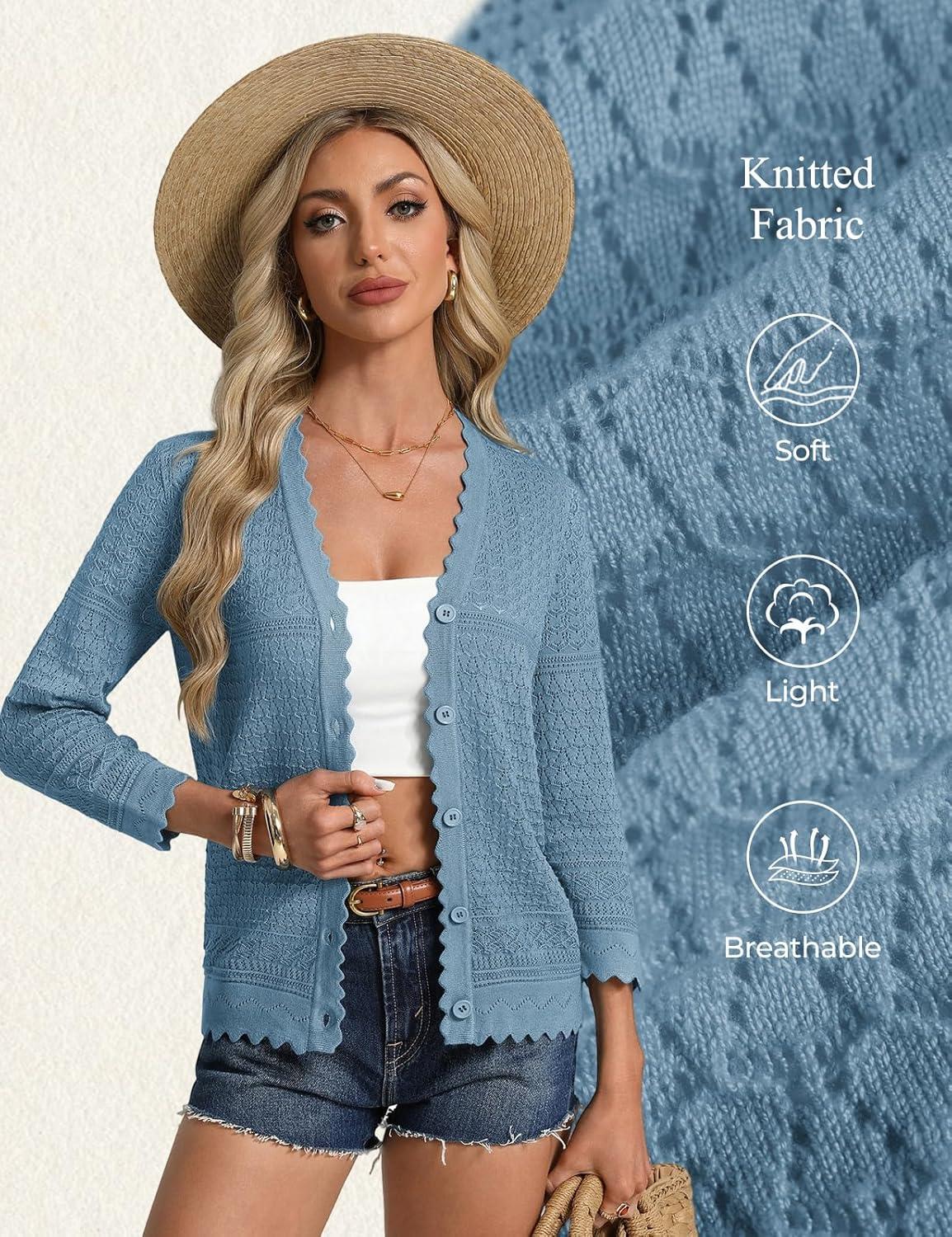imageGRACE KARIN Womens 34 Sleeve Cardigan Lightweight Hollowed Crochet Shrug Trendy Summer Sweaters for Casual VacationBlue Grey