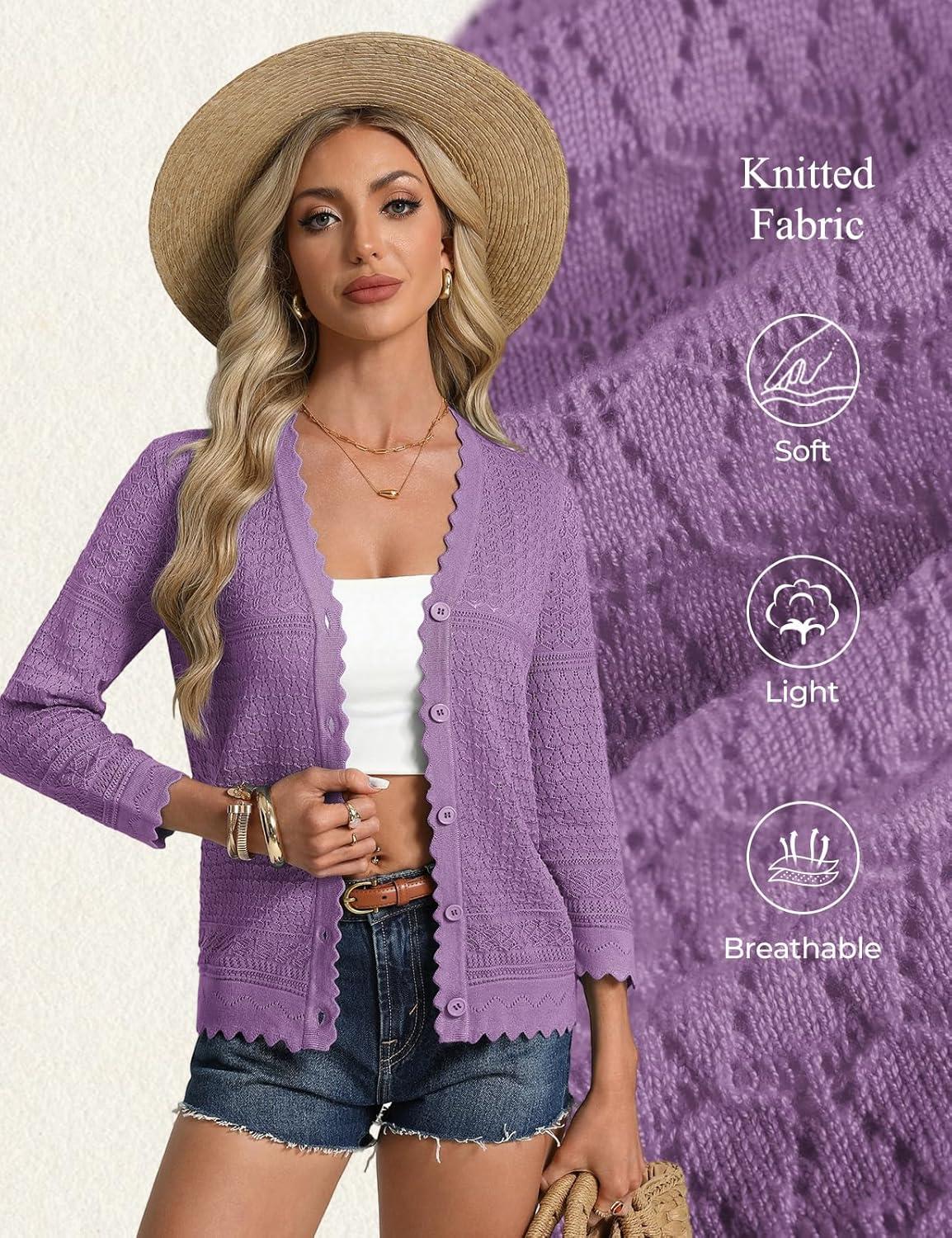 imageGRACE KARIN Womens 34 Sleeve Cardigan Lightweight Hollowed Crochet Shrug Trendy Summer Sweaters for Casual VacationPurple