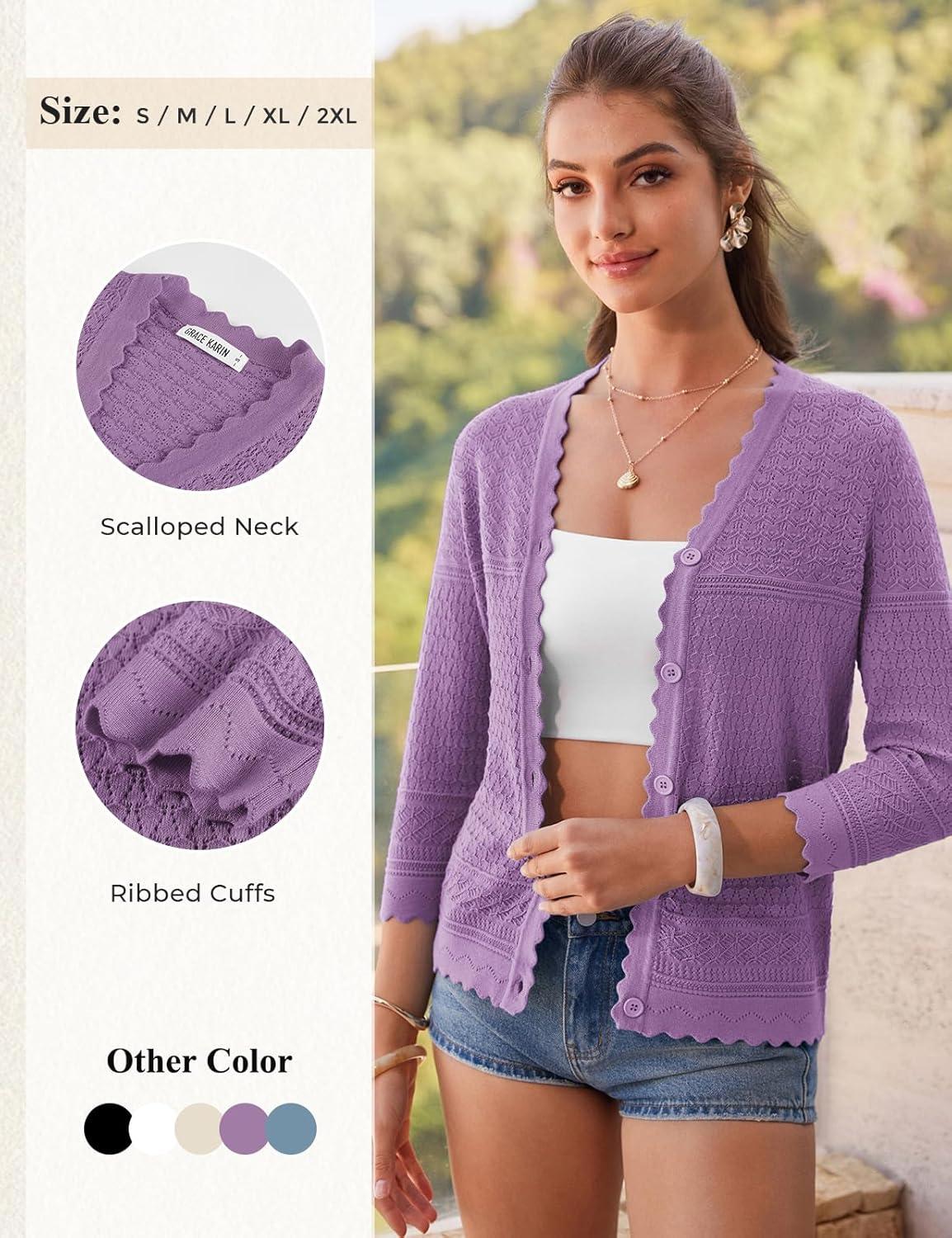 imageGRACE KARIN Womens 34 Sleeve Cardigan Lightweight Hollowed Crochet Shrug Trendy Summer Sweaters for Casual VacationPurple