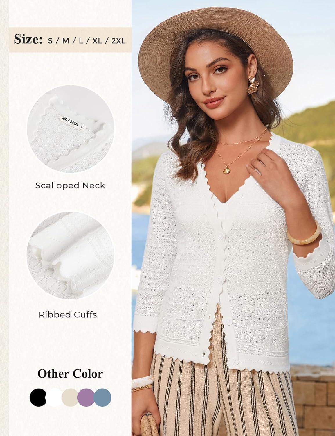 imageGRACE KARIN Womens 34 Sleeve Cardigan Lightweight Hollowed Crochet Shrug Trendy Summer Sweaters for Casual VacationWhite