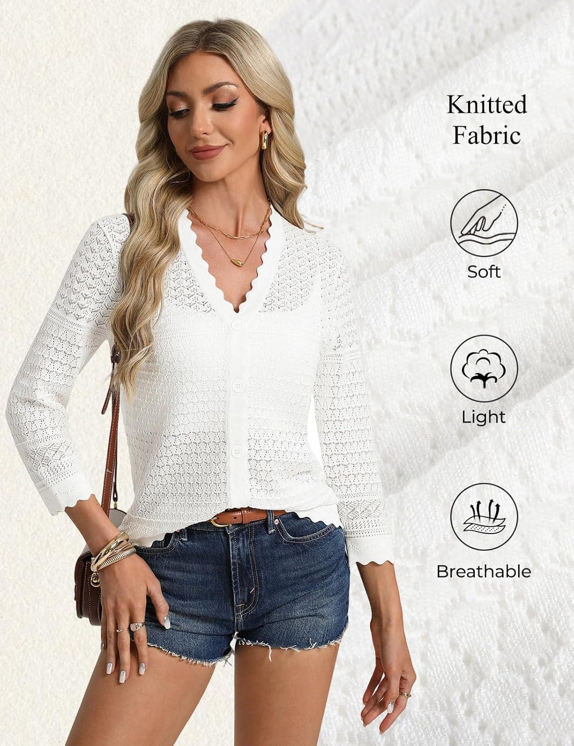 imageGRACE KARIN Womens 34 Sleeve Cardigan Lightweight Hollowed Crochet Shrug Trendy Summer Sweaters for Casual VacationWhite