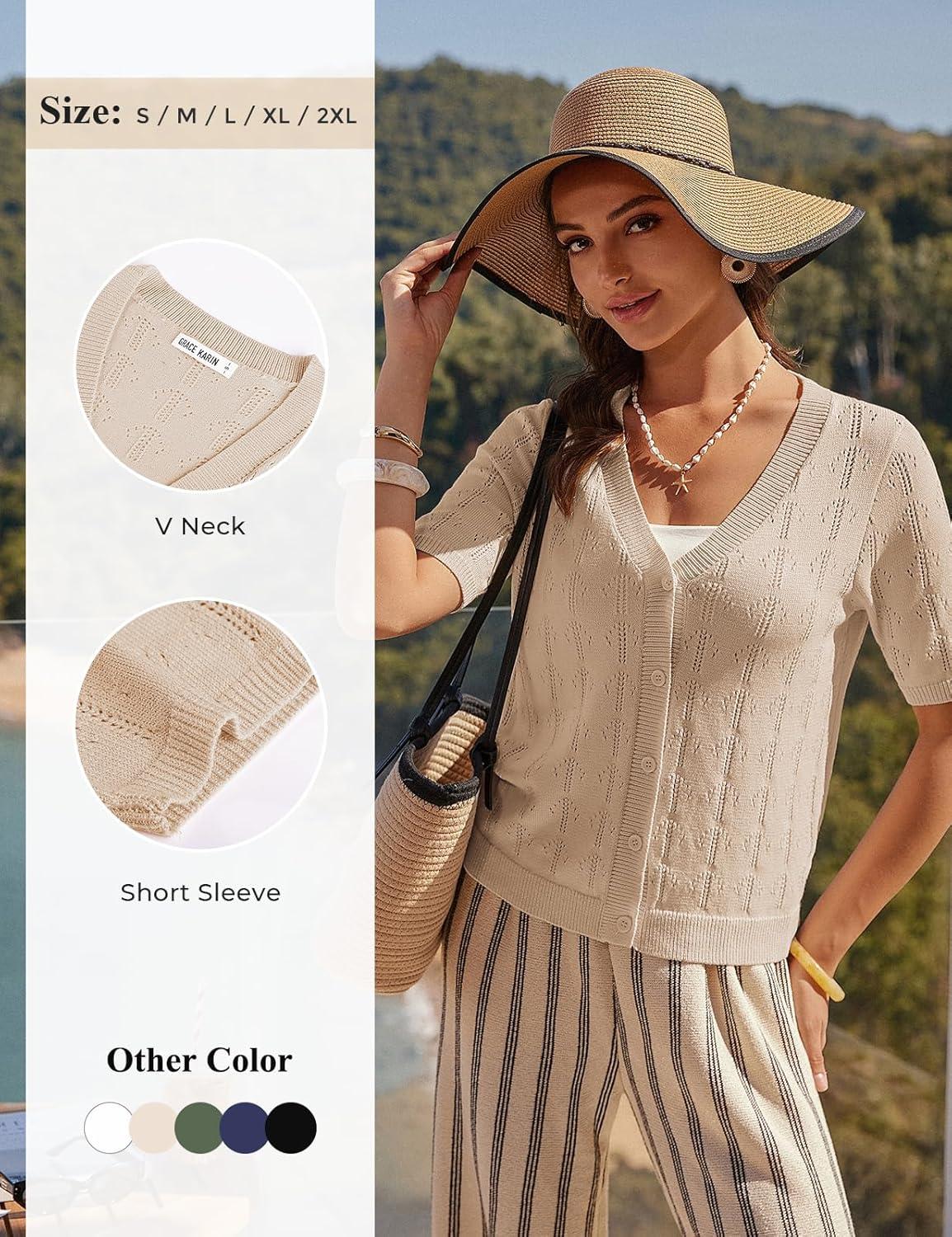 imageGRACE KARIN Womens Cardigan Sweaters Short Sleeve Summer Lightweight Crochet V Neck Cropped Knit Bolero Shrugs 2026Apricot