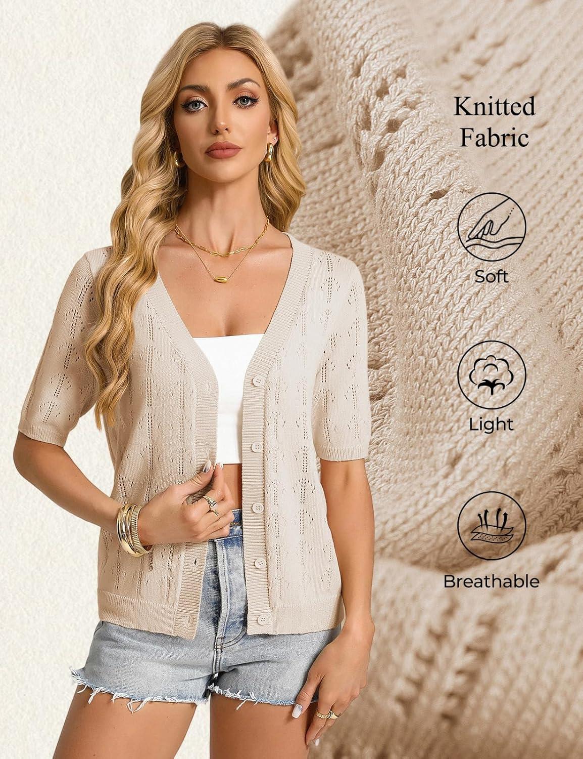 imageGRACE KARIN Womens Cardigan Sweaters Short Sleeve Summer Lightweight Crochet V Neck Cropped Knit Bolero Shrugs 2026Apricot