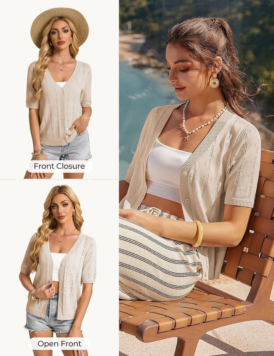 imageGRACE KARIN Womens Cardigan Sweaters Short Sleeve Summer Lightweight Crochet V Neck Cropped Knit Bolero Shrugs 2026Apricot