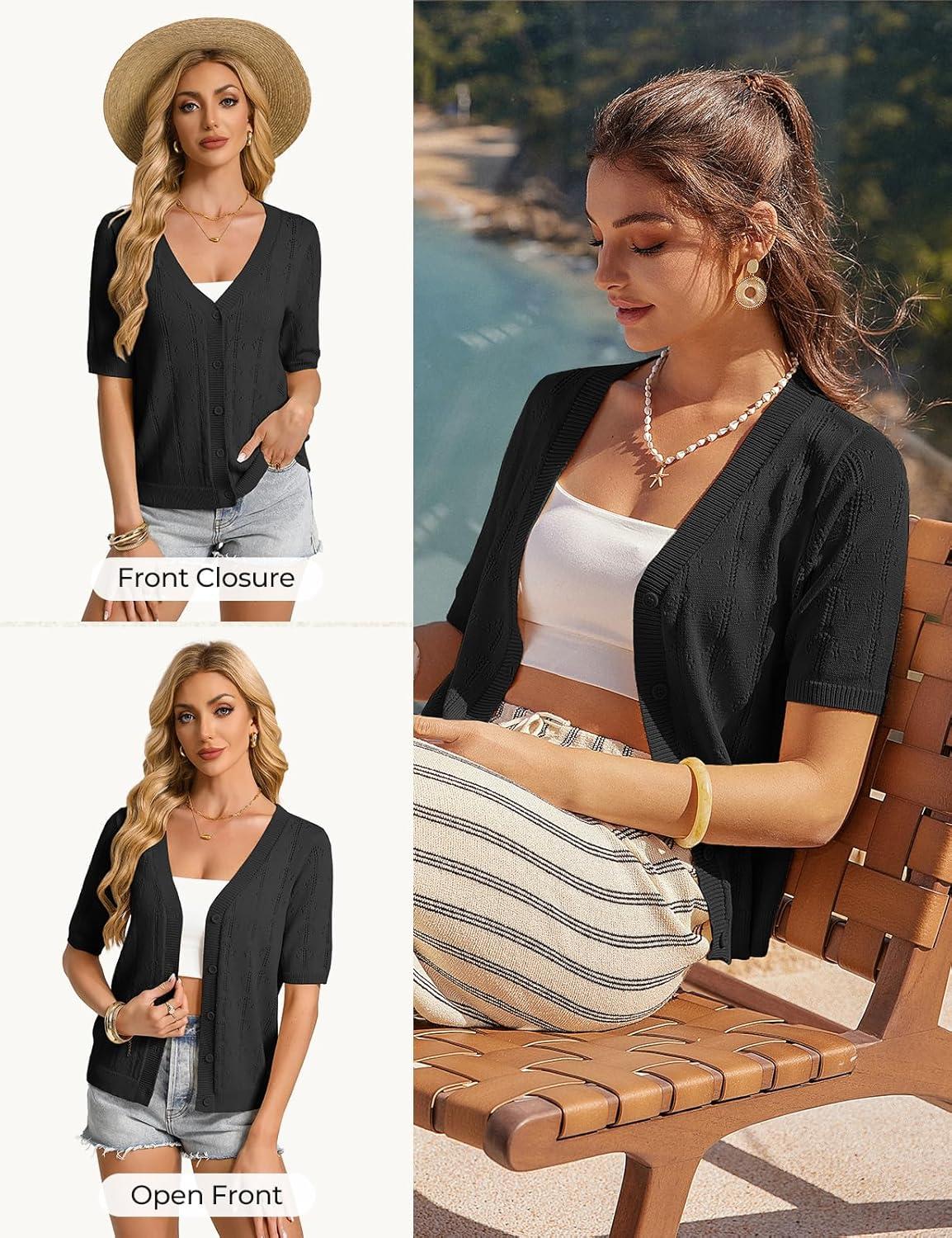 imageGRACE KARIN Womens Cardigan Sweaters Short Sleeve Summer Lightweight Crochet V Neck Cropped Knit Bolero Shrugs 2026Black