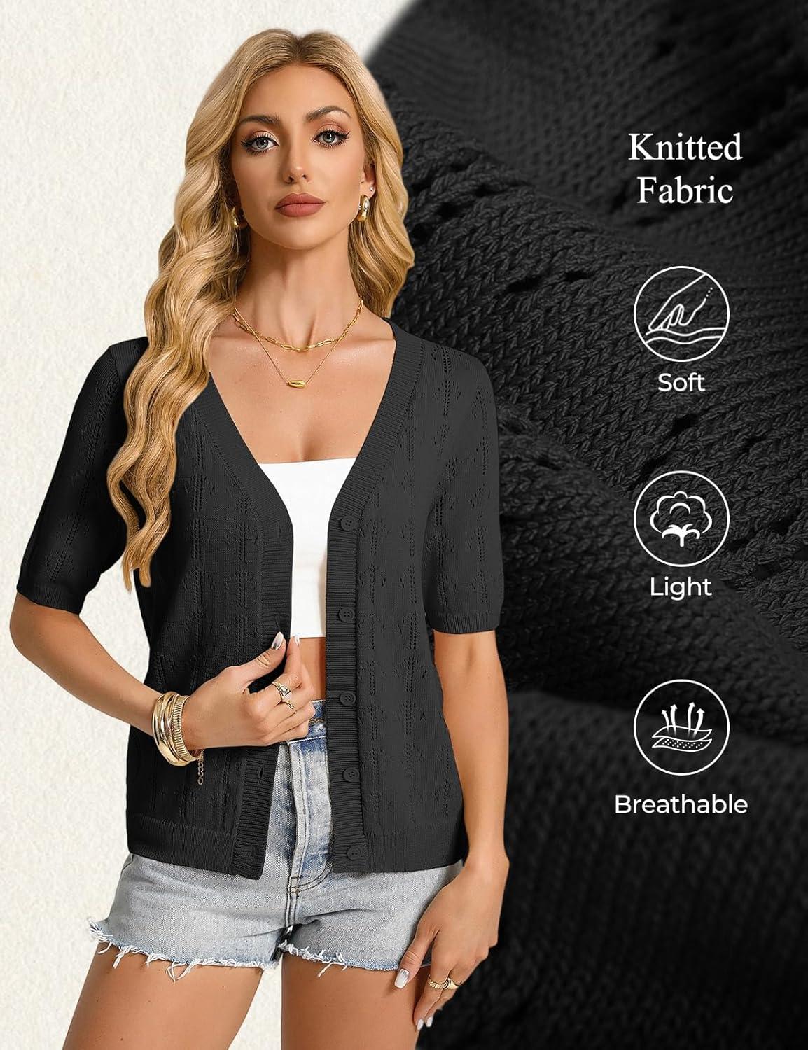 imageGRACE KARIN Womens Cardigan Sweaters Short Sleeve Summer Lightweight Crochet V Neck Cropped Knit Bolero Shrugs 2026Black