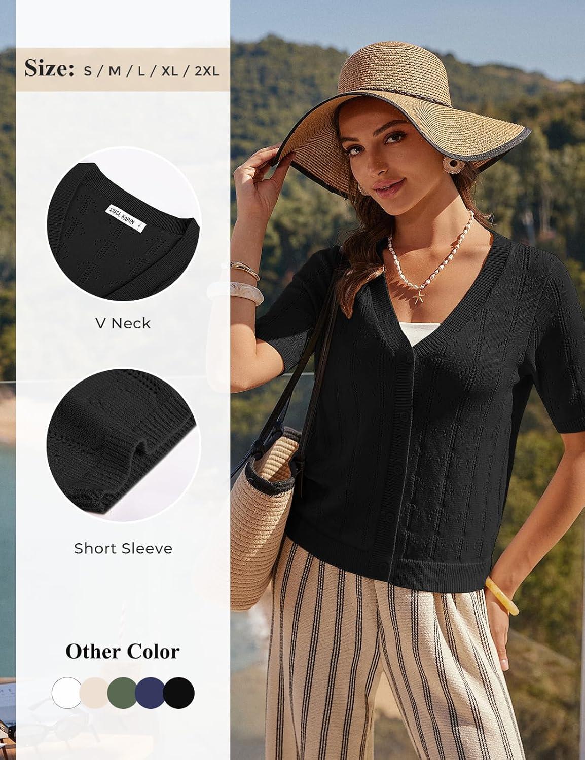 imageGRACE KARIN Womens Cardigan Sweaters Short Sleeve Summer Lightweight Crochet V Neck Cropped Knit Bolero Shrugs 2026Black