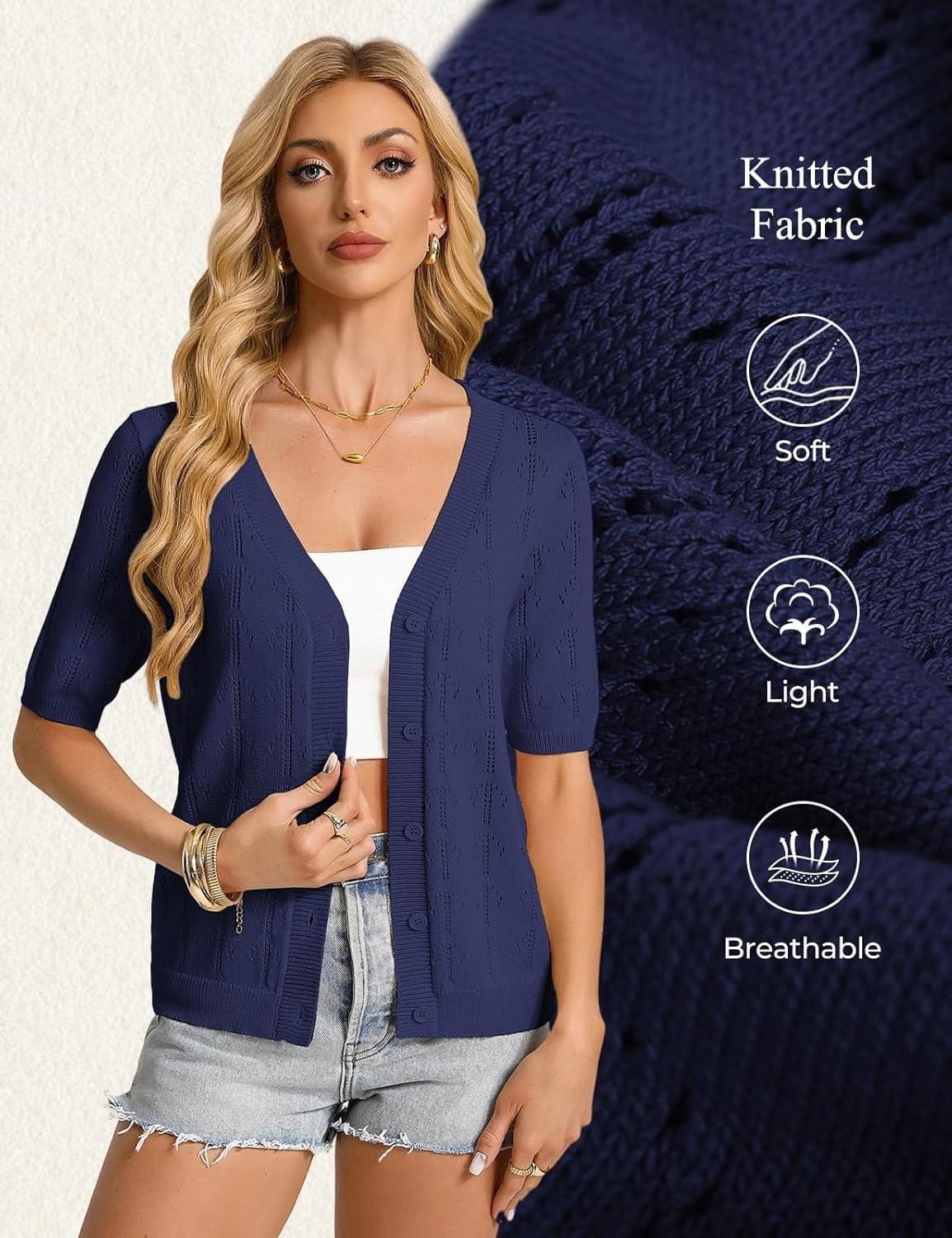 imageGRACE KARIN Womens Cardigan Sweaters Short Sleeve Summer Lightweight Crochet V Neck Cropped Knit Bolero Shrugs 2026Navy Blue