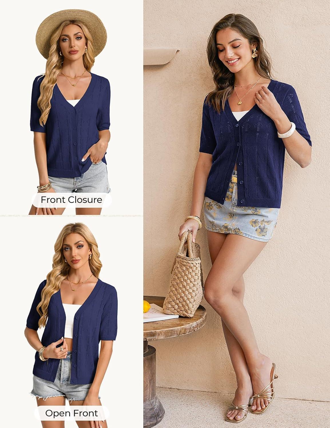 imageGRACE KARIN Womens Cardigan Sweaters Short Sleeve Summer Lightweight Crochet V Neck Cropped Knit Bolero Shrugs 2026Navy Blue
