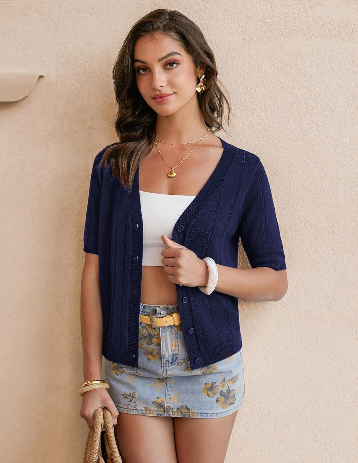imageGRACE KARIN Womens Cardigan Sweaters Short Sleeve Summer Lightweight Crochet V Neck Cropped Knit Bolero Shrugs 2026Navy Blue