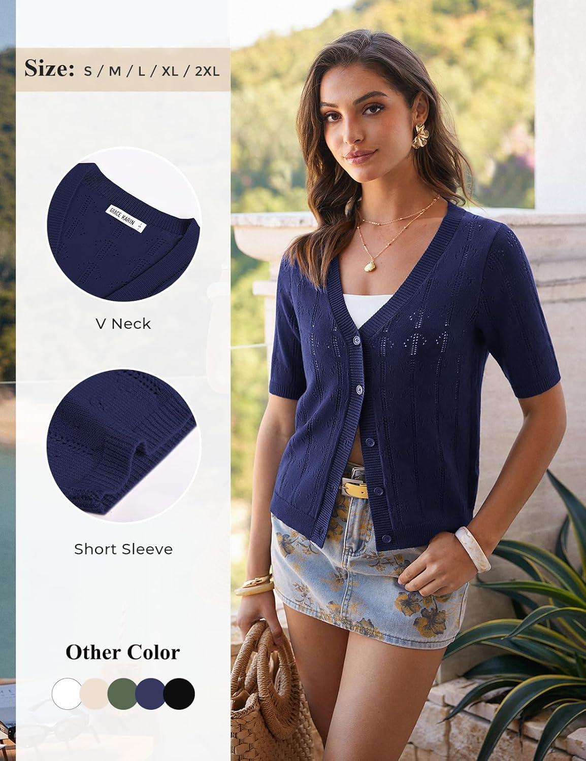 imageGRACE KARIN Womens Cardigan Sweaters Short Sleeve Summer Lightweight Crochet V Neck Cropped Knit Bolero Shrugs 2026Navy Blue