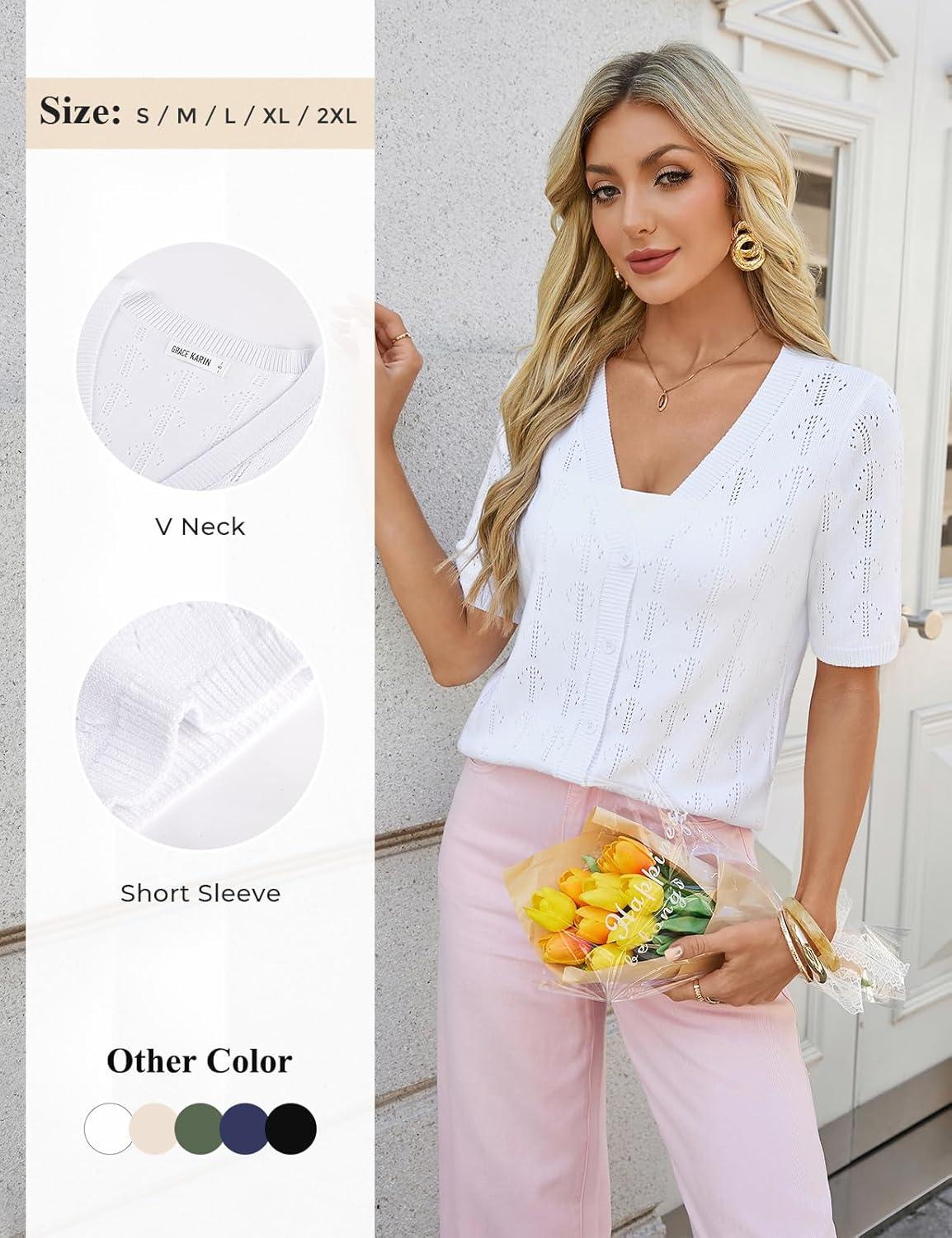 imageGRACE KARIN Womens Cardigan Sweaters Short Sleeve Summer Lightweight Crochet V Neck Cropped Knit Bolero Shrugs 2026White