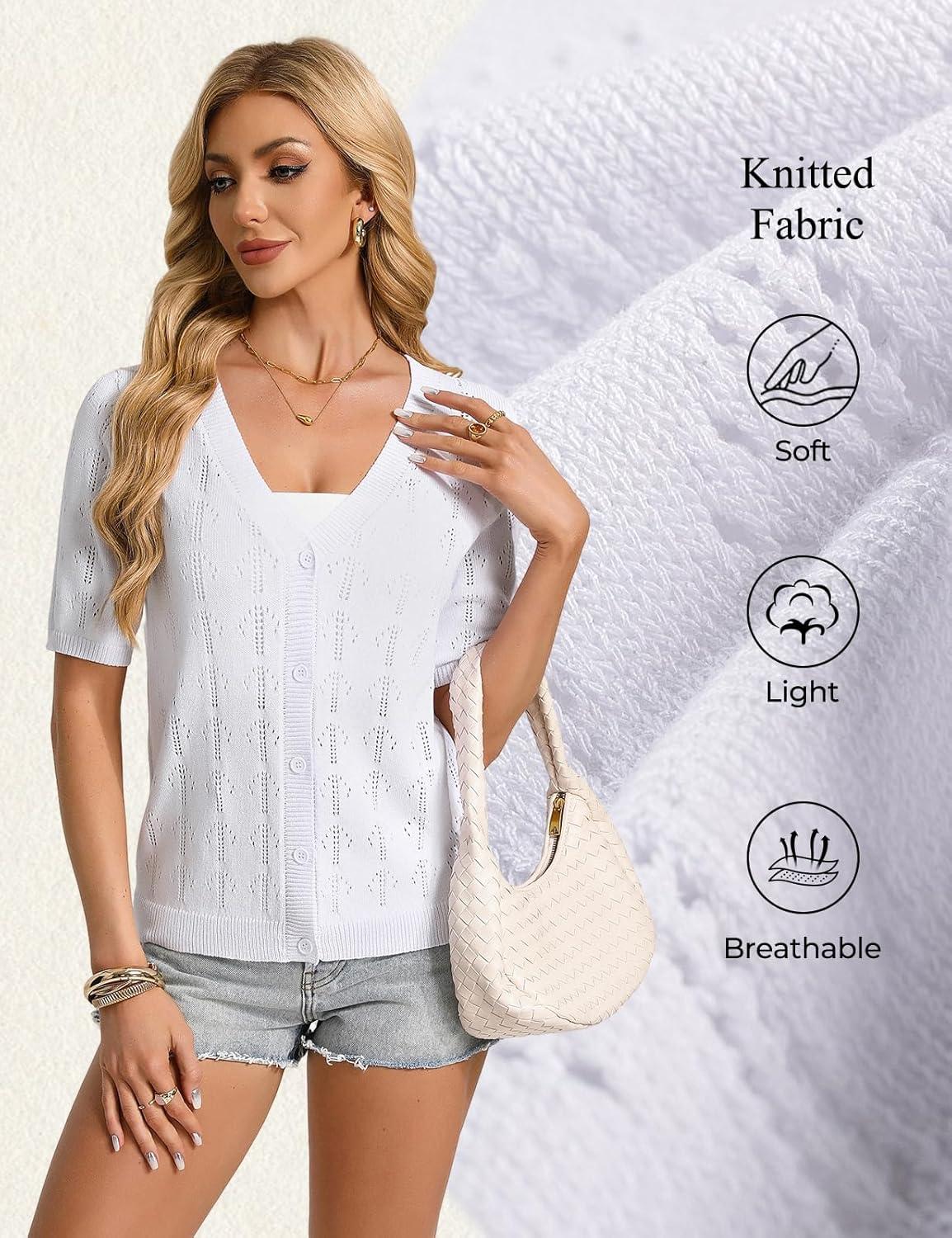 imageGRACE KARIN Womens Cardigan Sweaters Short Sleeve Summer Lightweight Crochet V Neck Cropped Knit Bolero Shrugs 2026White