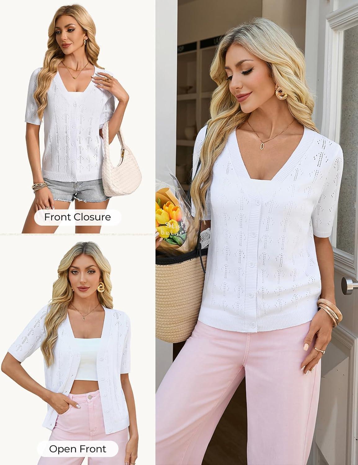 imageGRACE KARIN Womens Cardigan Sweaters Short Sleeve Summer Lightweight Crochet V Neck Cropped Knit Bolero Shrugs 2026White