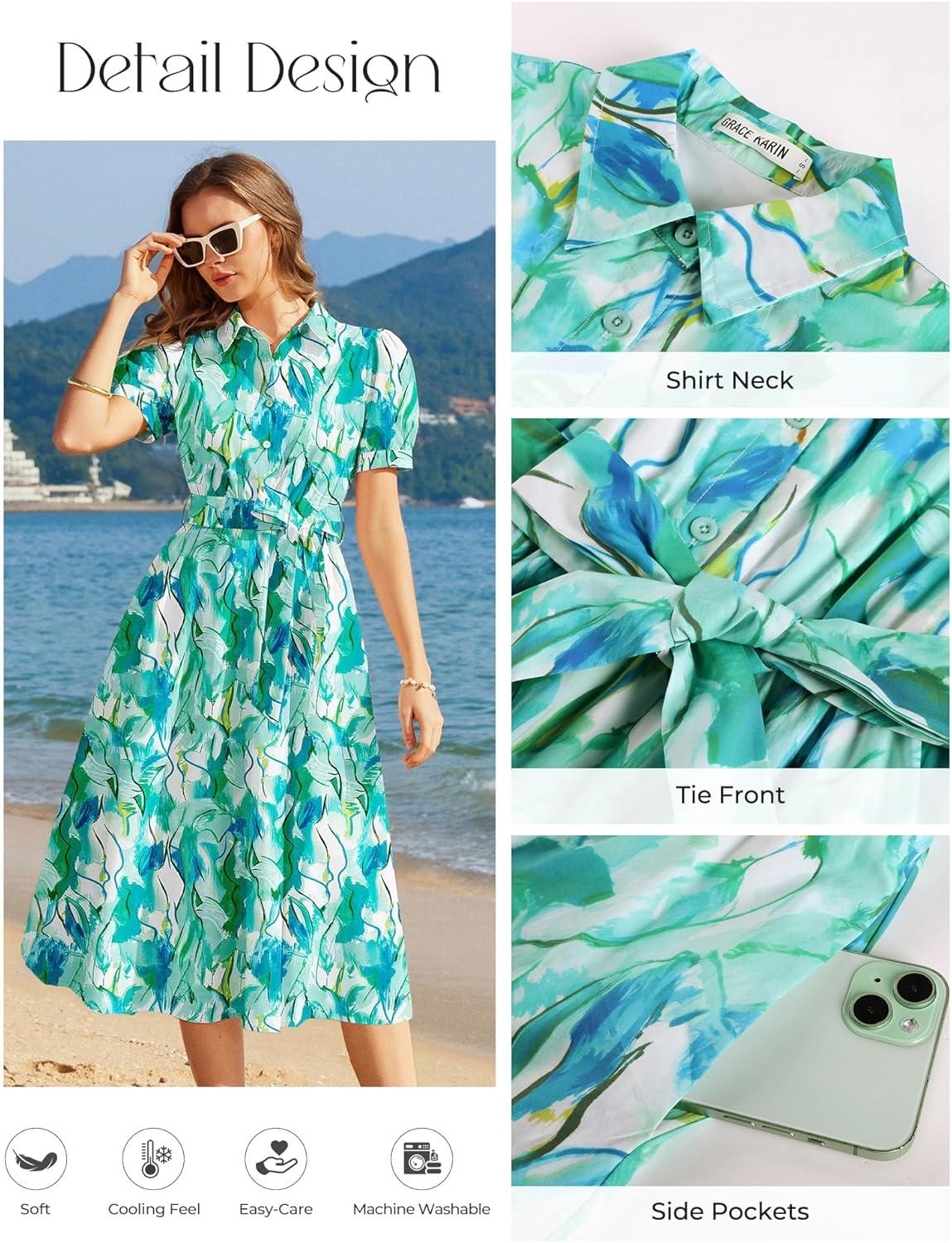 imageGRACE KARIN Womens Cotton Summer Boho Midi Dresses 2026 Puff Sleeve Shirt Dress Flowy Floral Wedding Guest Dress with PocketBlue Green