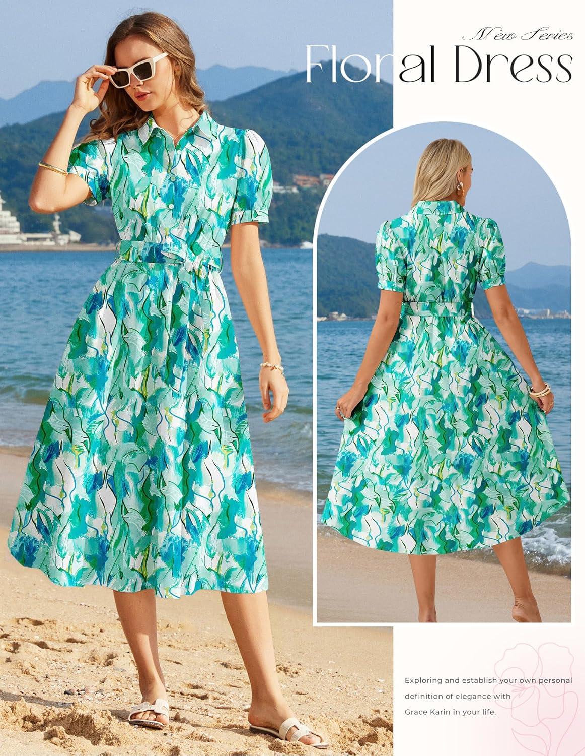 imageGRACE KARIN Womens Cotton Summer Boho Midi Dresses 2026 Puff Sleeve Shirt Dress Flowy Floral Wedding Guest Dress with PocketBlue Green