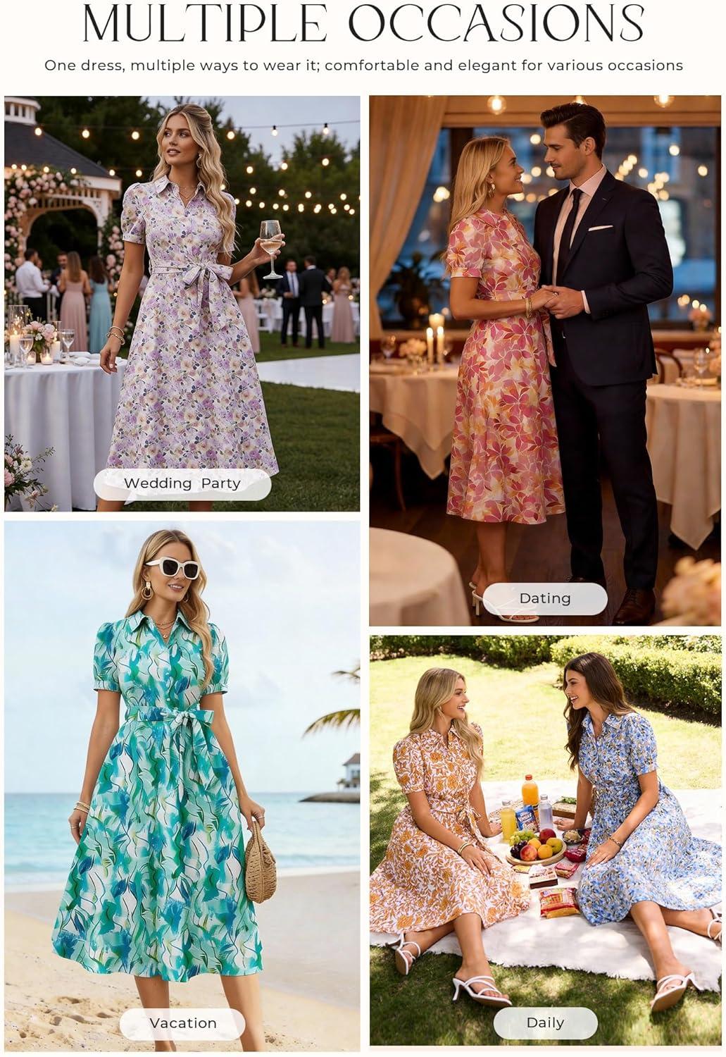 imageGRACE KARIN Womens Cotton Summer Boho Midi Dresses 2026 Puff Sleeve Shirt Dress Flowy Floral Wedding Guest Dress with PocketBlue Green