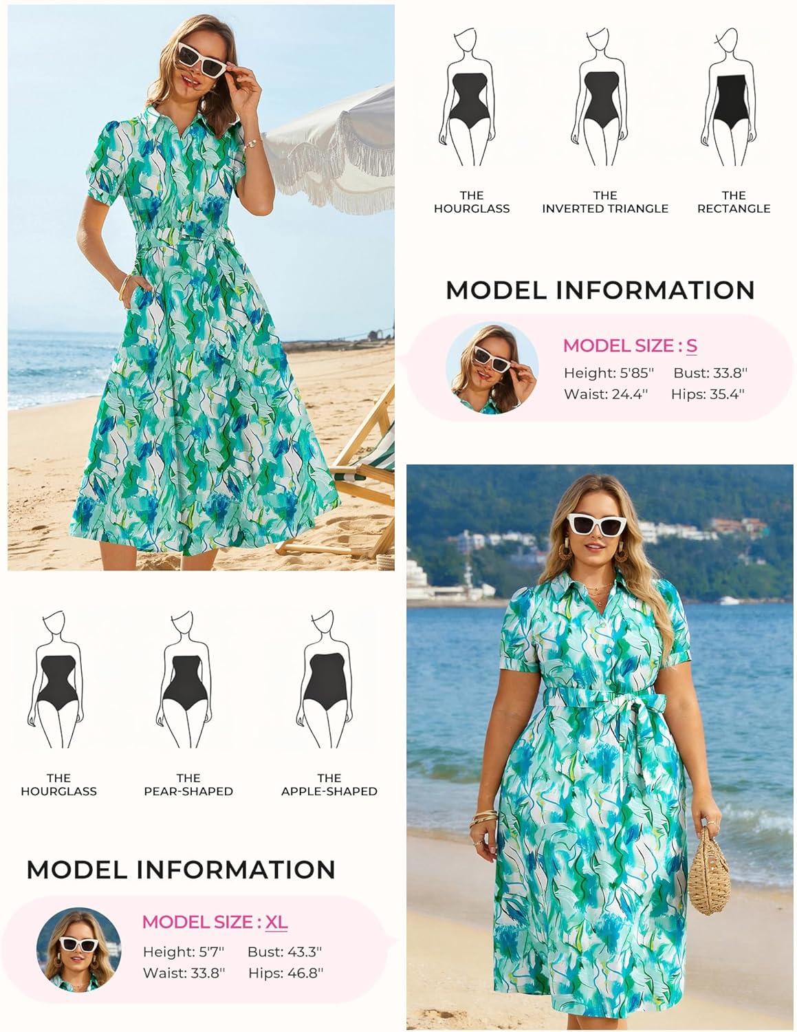 imageGRACE KARIN Womens Cotton Summer Boho Midi Dresses 2026 Puff Sleeve Shirt Dress Flowy Floral Wedding Guest Dress with PocketBlue Green