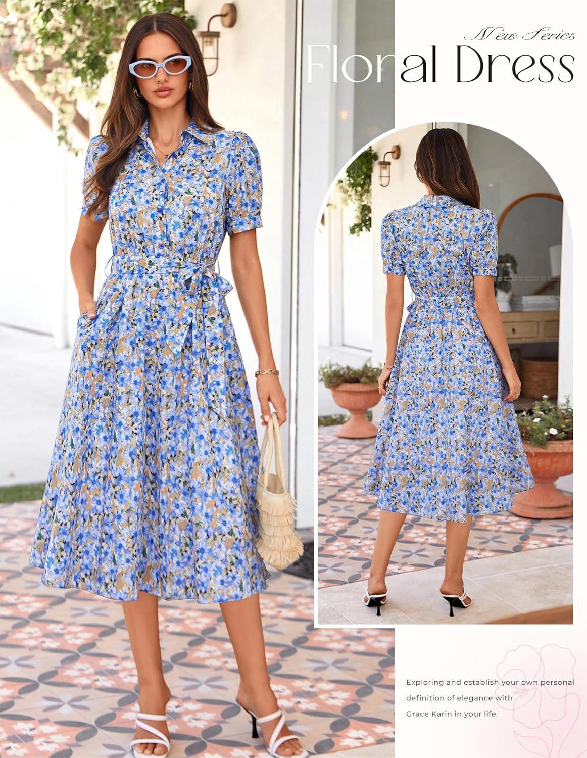 imageGRACE KARIN Womens Cotton Summer Boho Midi Dresses 2026 Puff Sleeve Shirt Dress Flowy Floral Wedding Guest Dress with PocketBlue Orange