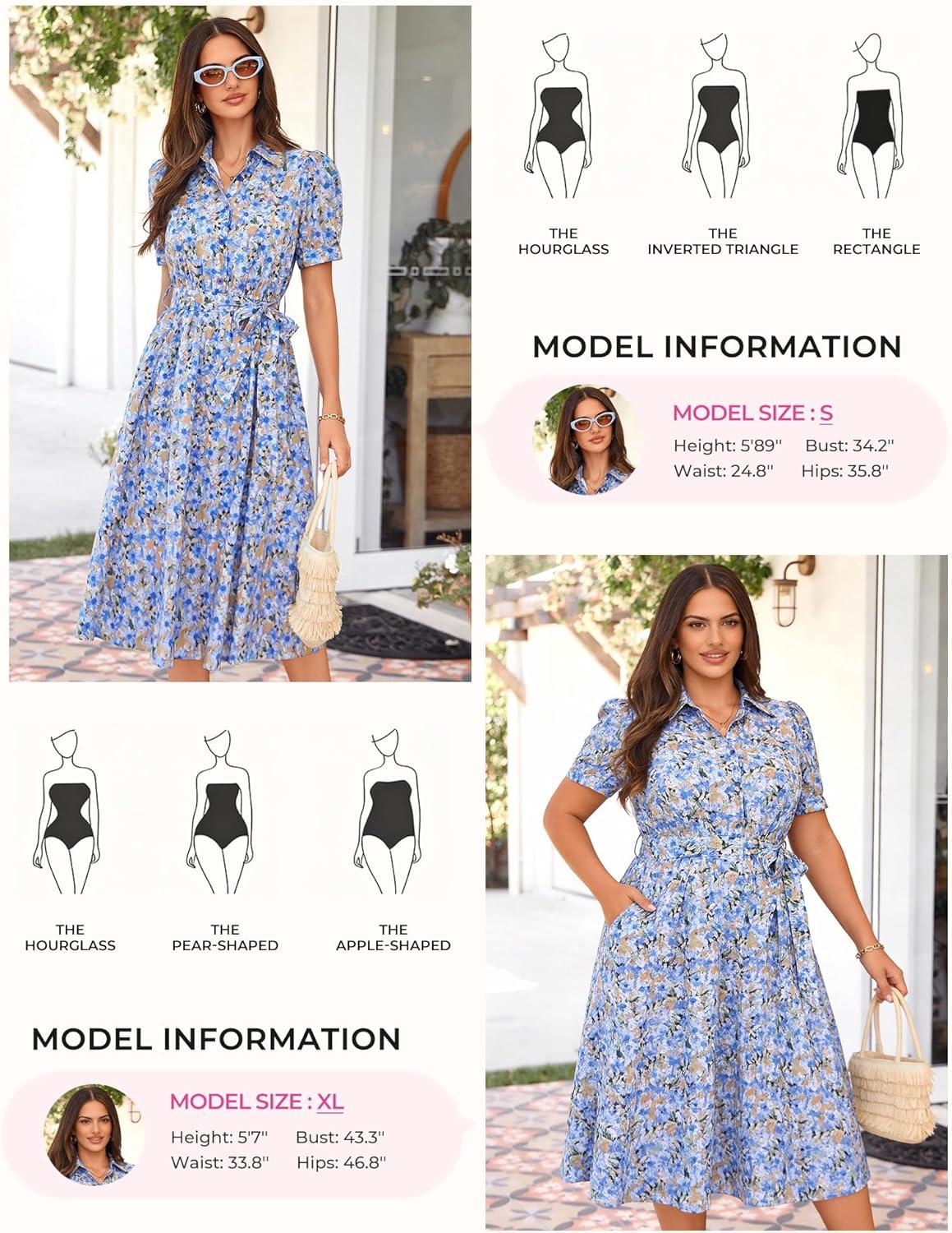 imageGRACE KARIN Womens Cotton Summer Boho Midi Dresses 2026 Puff Sleeve Shirt Dress Flowy Floral Wedding Guest Dress with PocketBlue Orange