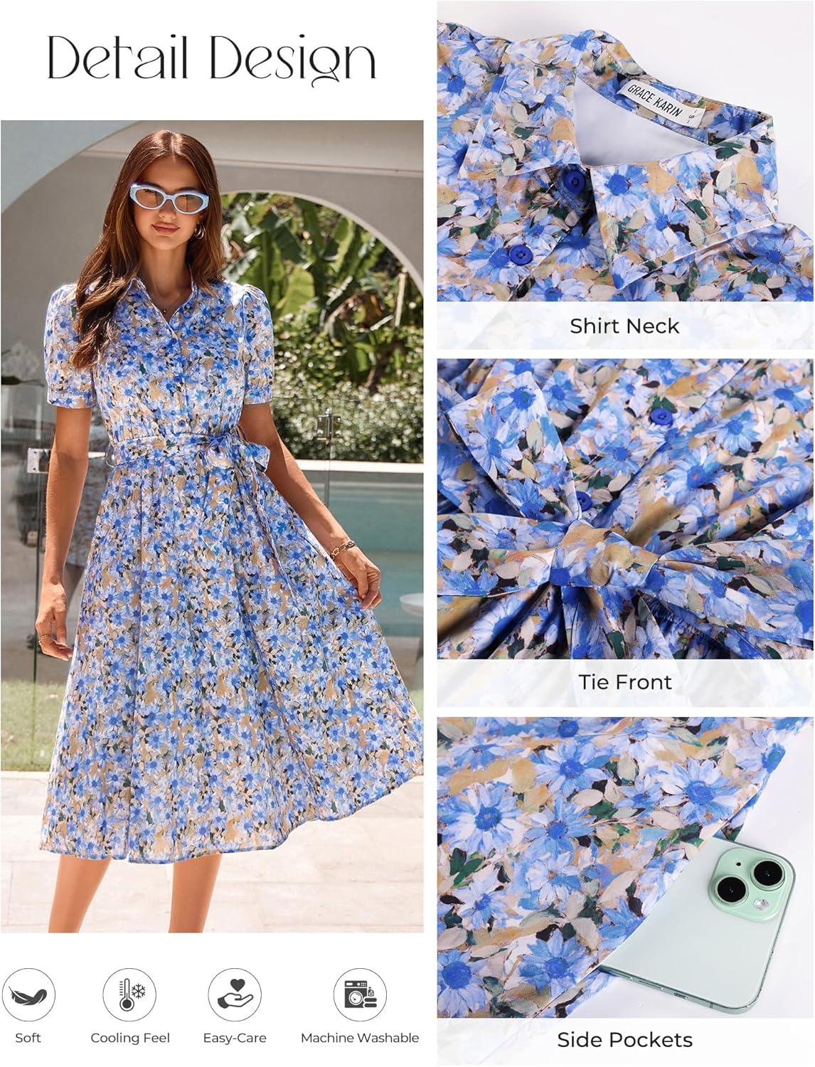 imageGRACE KARIN Womens Cotton Summer Boho Midi Dresses 2026 Puff Sleeve Shirt Dress Flowy Floral Wedding Guest Dress with PocketBlue Orange