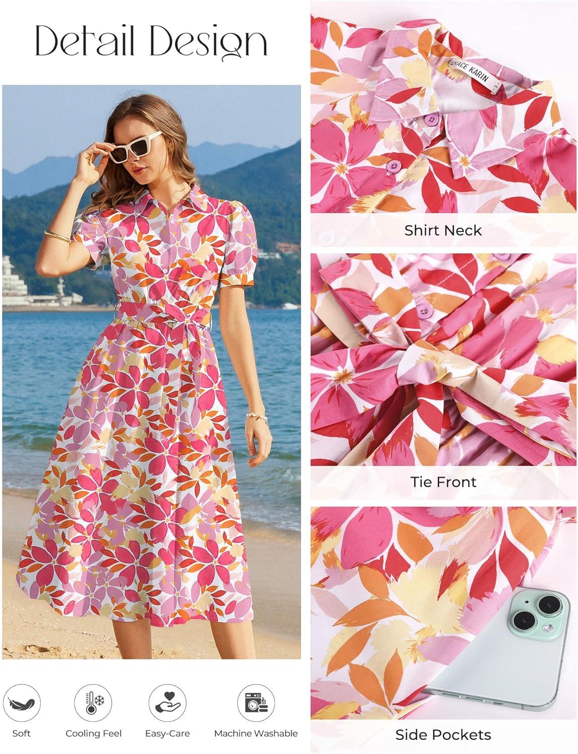 imageGRACE KARIN Womens Cotton Summer Boho Midi Dresses 2026 Puff Sleeve Shirt Dress Flowy Floral Wedding Guest Dress with PocketPink Purple