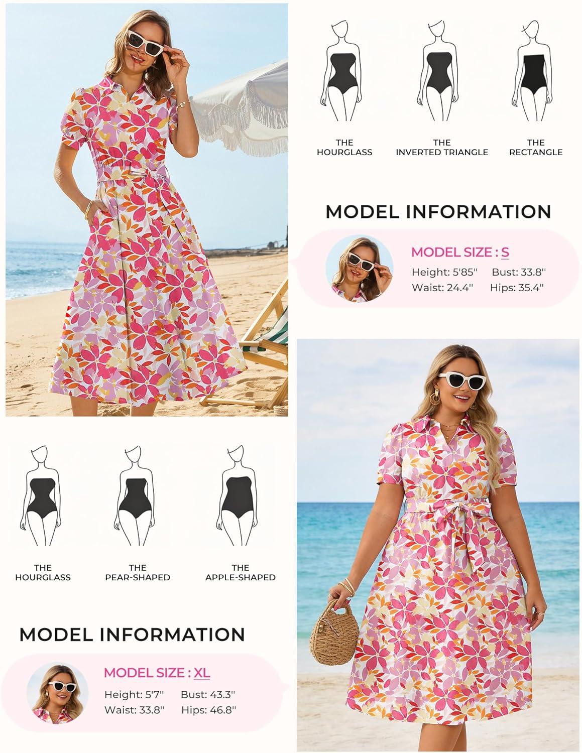 imageGRACE KARIN Womens Cotton Summer Boho Midi Dresses 2026 Puff Sleeve Shirt Dress Flowy Floral Wedding Guest Dress with PocketPink Purple