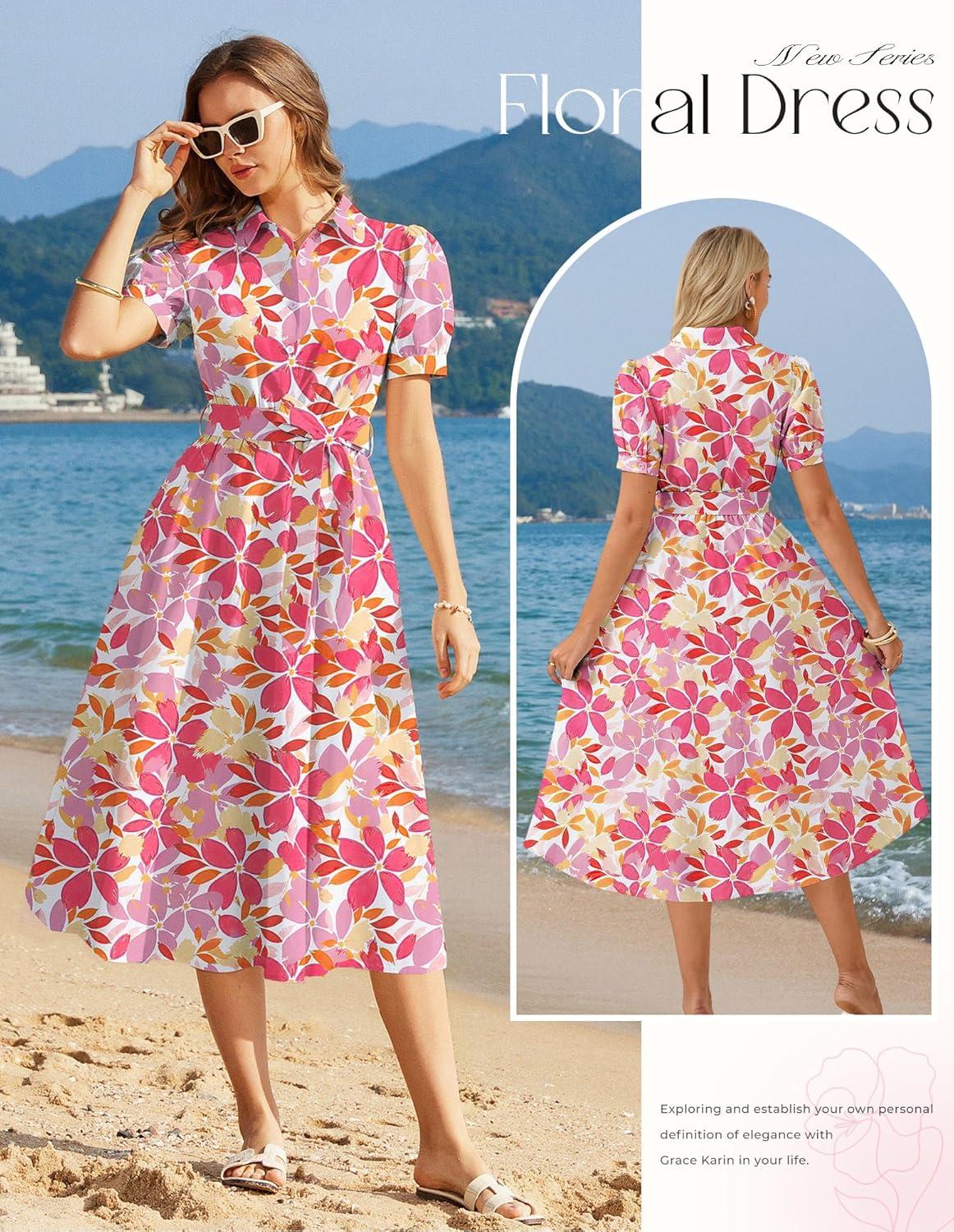 imageGRACE KARIN Womens Cotton Summer Boho Midi Dresses 2026 Puff Sleeve Shirt Dress Flowy Floral Wedding Guest Dress with PocketPink Purple