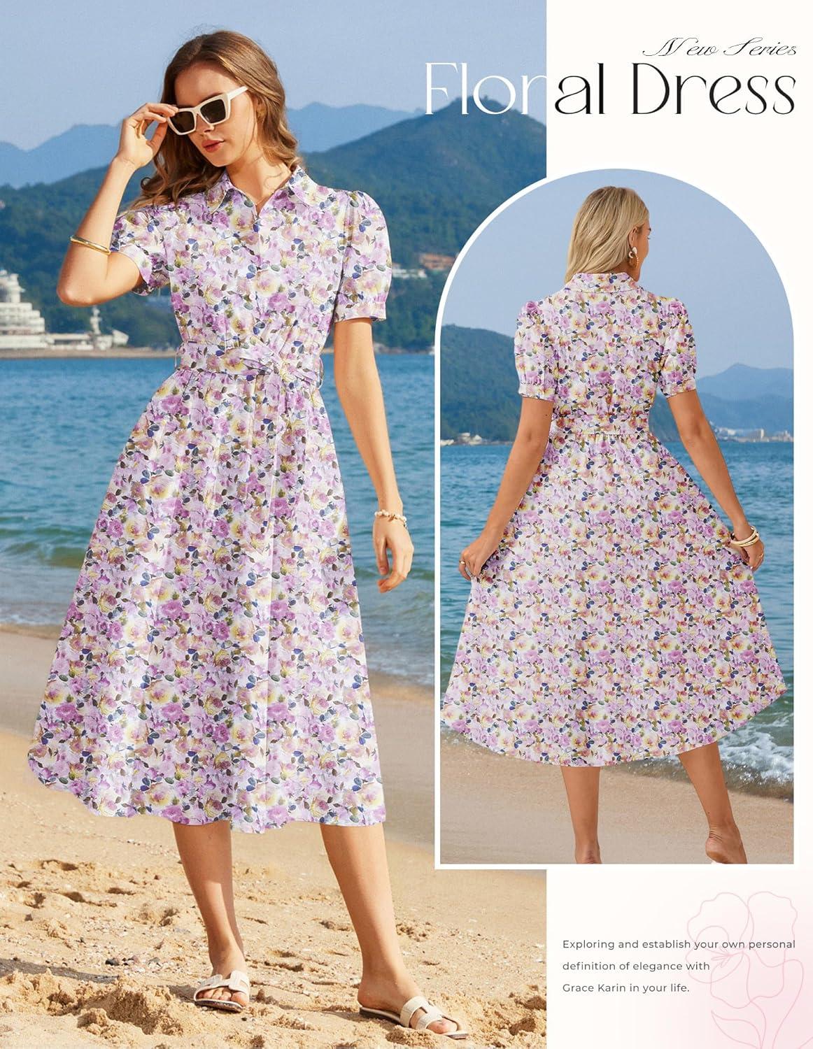 imageGRACE KARIN Womens Cotton Summer Boho Midi Dresses 2026 Puff Sleeve Shirt Dress Flowy Floral Wedding Guest Dress with PocketPink Yellow
