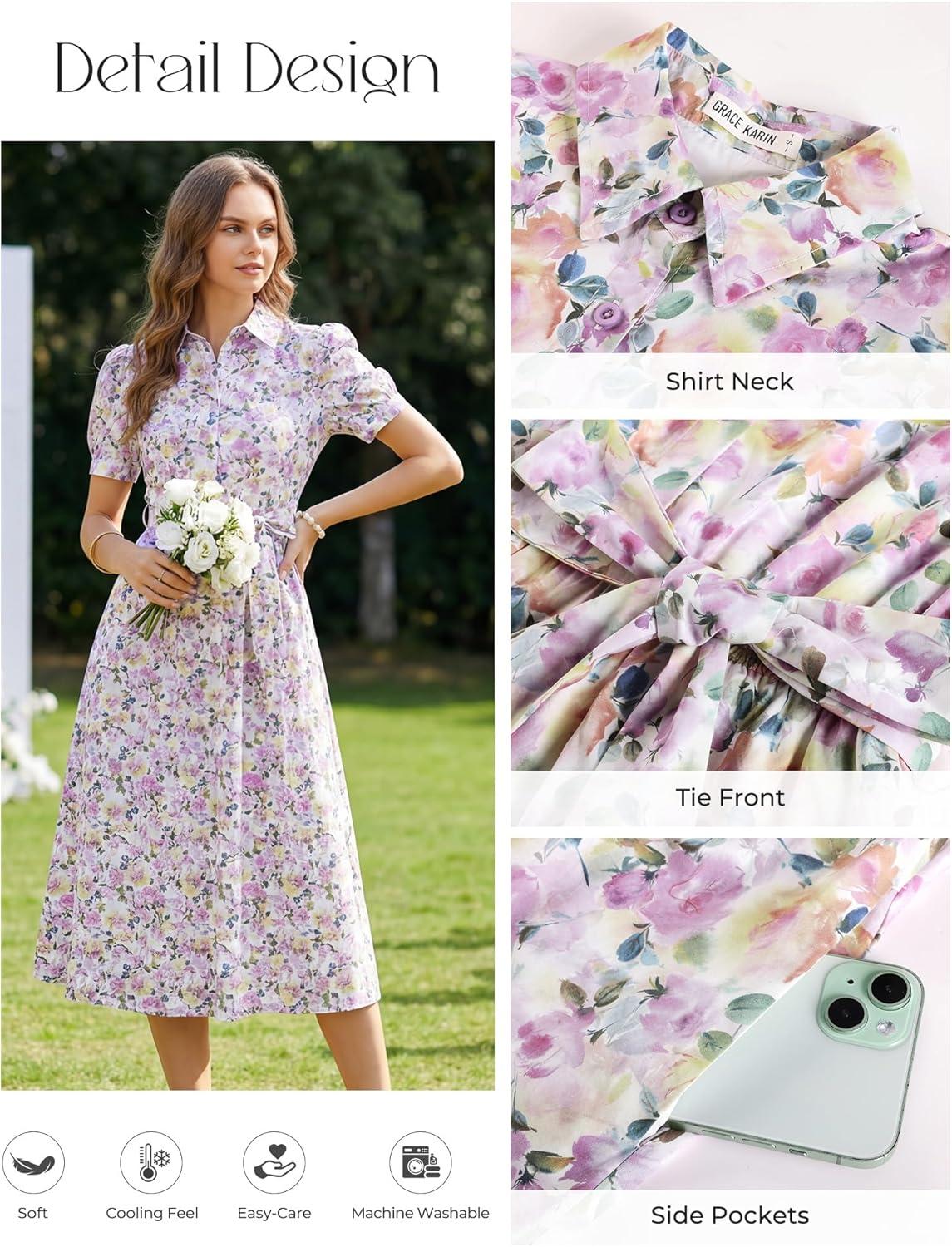 imageGRACE KARIN Womens Cotton Summer Boho Midi Dresses 2026 Puff Sleeve Shirt Dress Flowy Floral Wedding Guest Dress with PocketPink Yellow