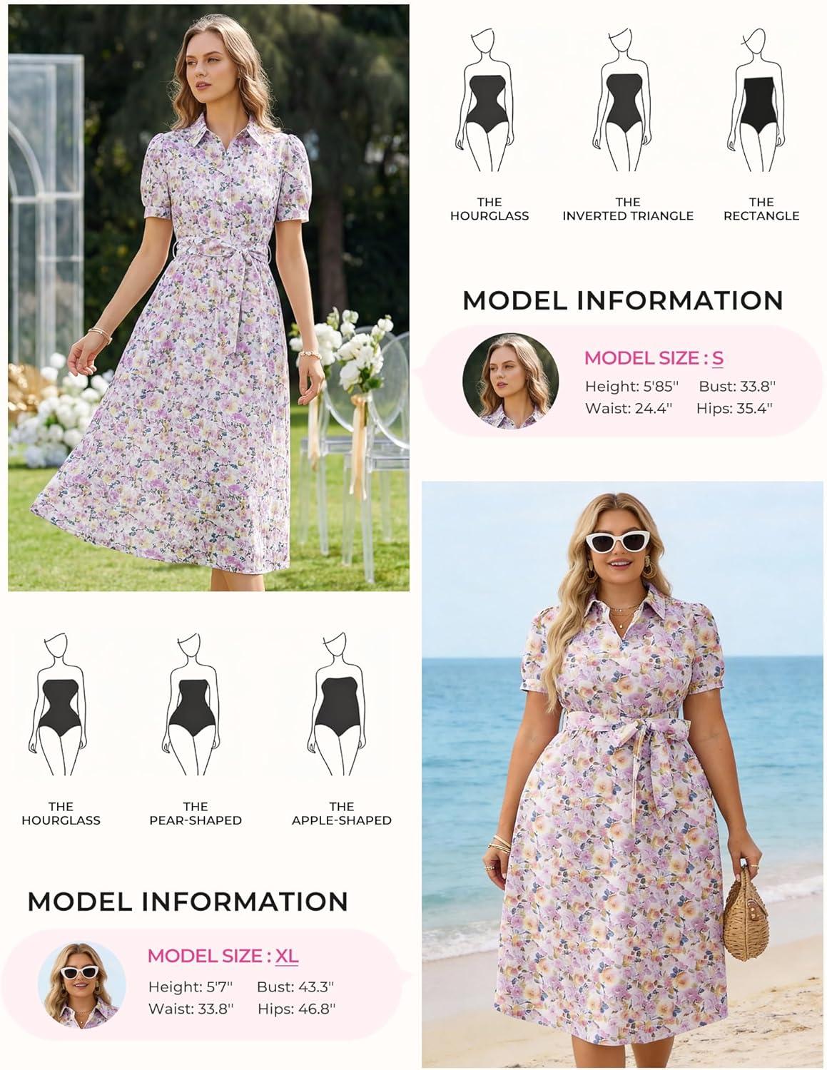 imageGRACE KARIN Womens Cotton Summer Boho Midi Dresses 2026 Puff Sleeve Shirt Dress Flowy Floral Wedding Guest Dress with PocketPink Yellow