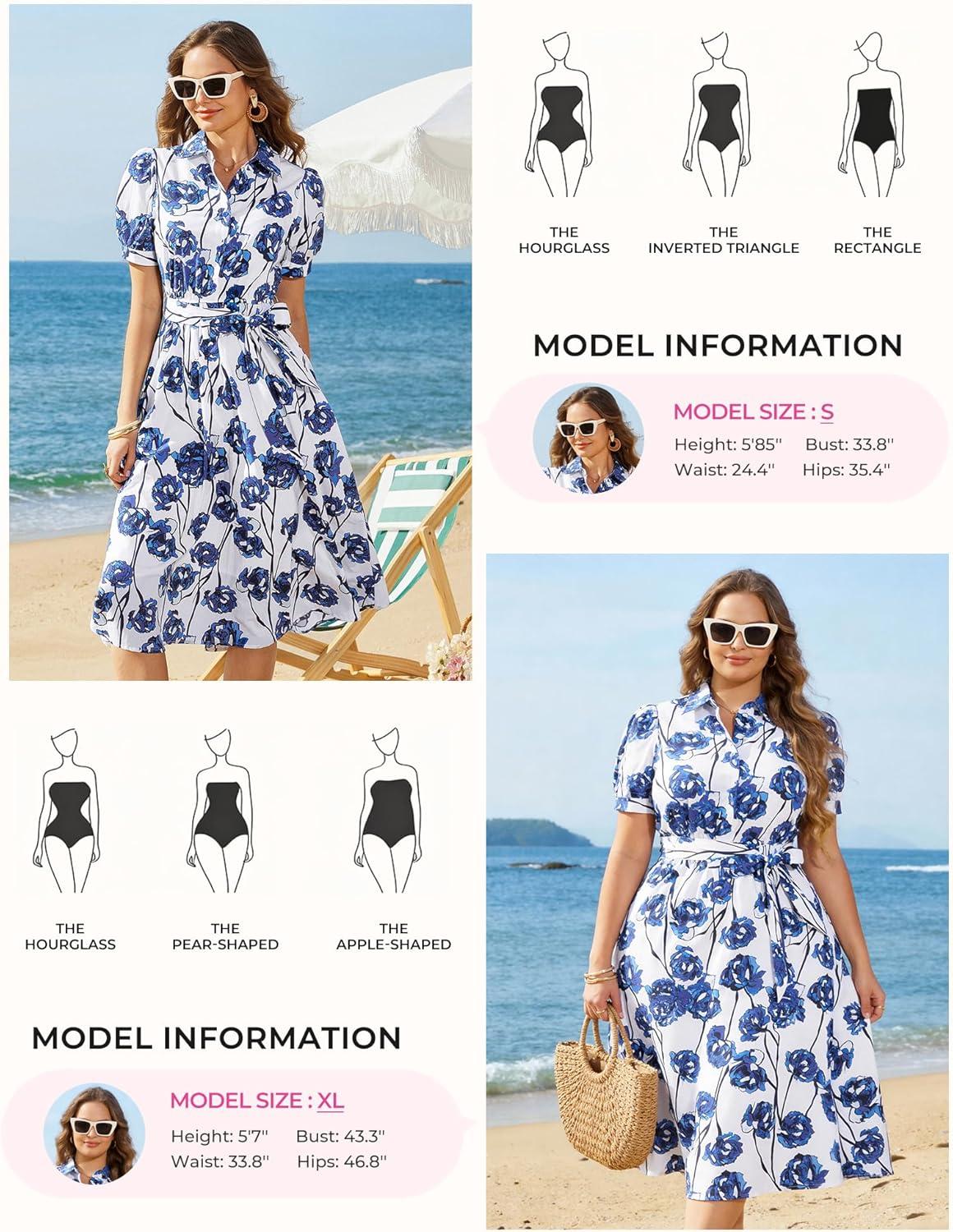 imageGRACE KARIN Womens Cotton Summer Boho Midi Dresses 2026 Puff Sleeve Shirt Dress Flowy Floral Wedding Guest Dress with PocketWhite Blue