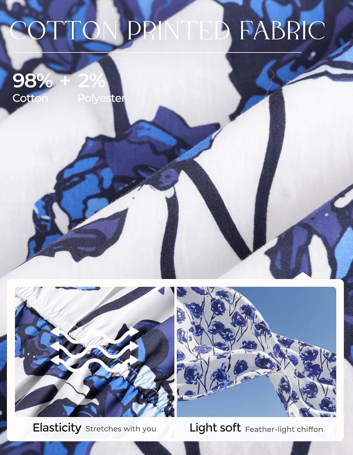 imageGRACE KARIN Womens Cotton Summer Boho Midi Dresses 2026 Puff Sleeve Shirt Dress Flowy Floral Wedding Guest Dress with PocketWhite Blue