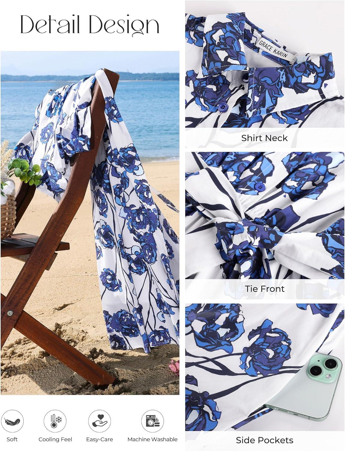 imageGRACE KARIN Womens Cotton Summer Boho Midi Dresses 2026 Puff Sleeve Shirt Dress Flowy Floral Wedding Guest Dress with PocketWhite Blue