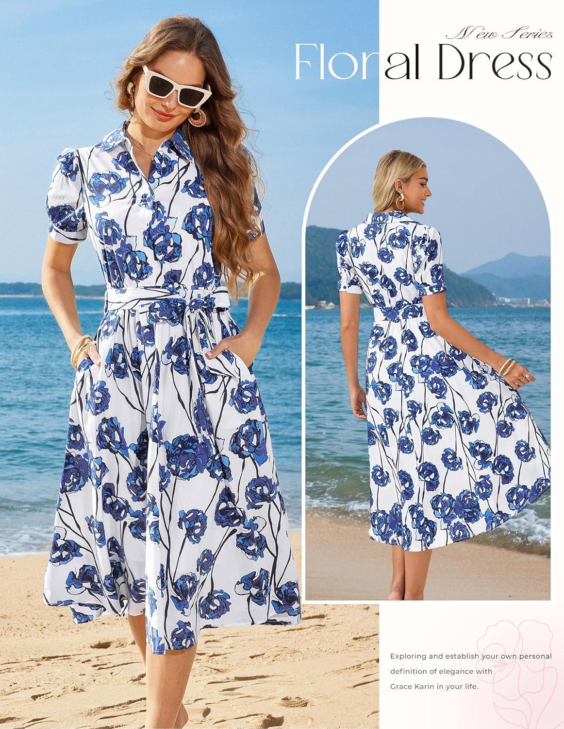 imageGRACE KARIN Womens Cotton Summer Boho Midi Dresses 2026 Puff Sleeve Shirt Dress Flowy Floral Wedding Guest Dress with PocketWhite Blue