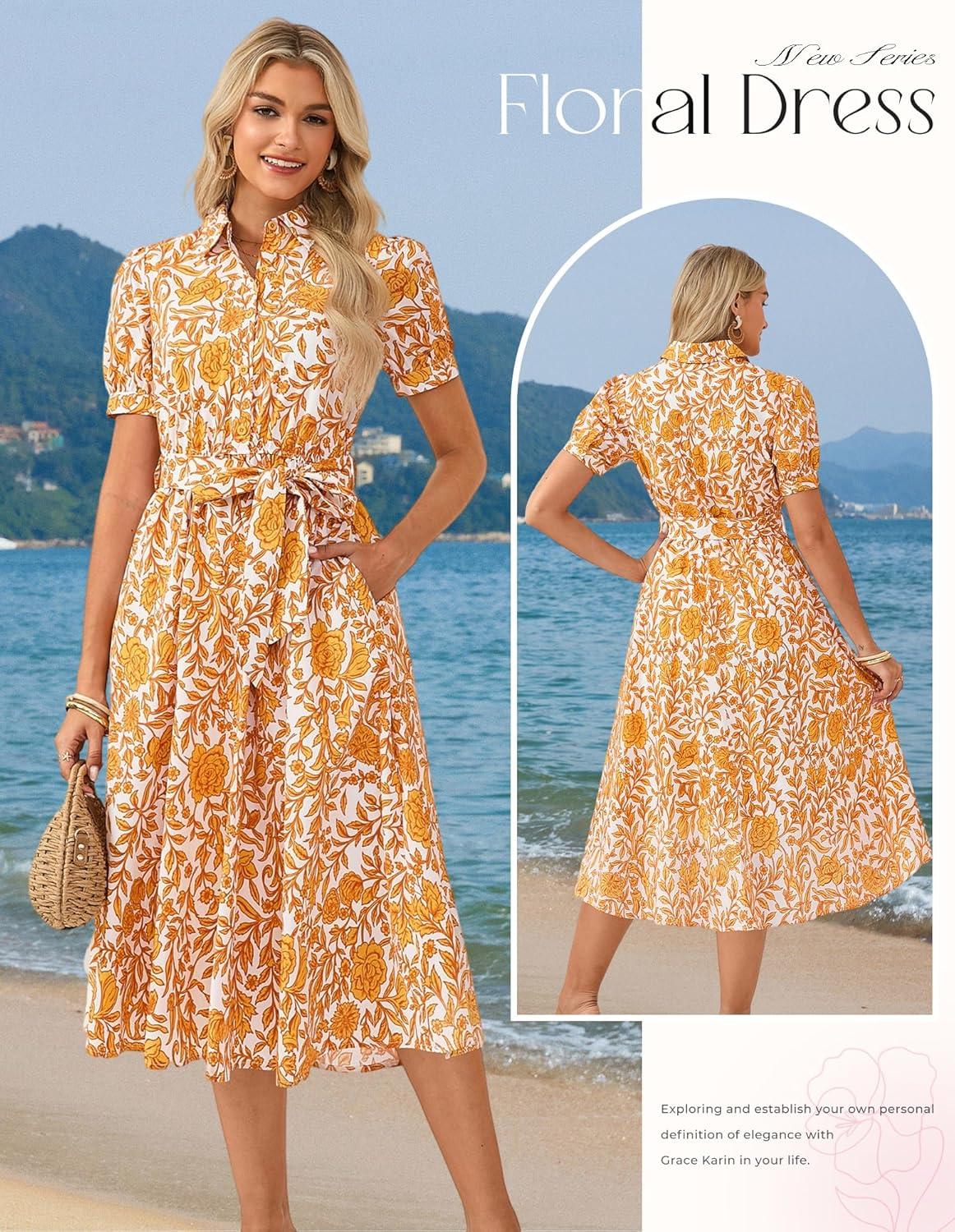 imageGRACE KARIN Womens Cotton Summer Boho Midi Dresses 2026 Puff Sleeve Shirt Dress Flowy Floral Wedding Guest Dress with PocketWhite Yellow