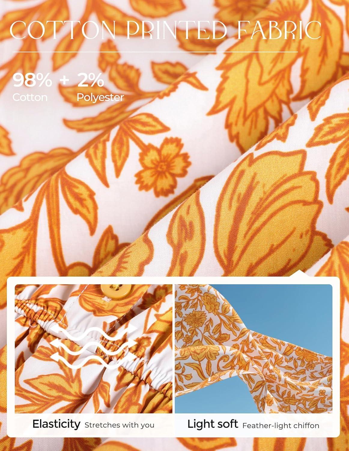 imageGRACE KARIN Womens Cotton Summer Boho Midi Dresses 2026 Puff Sleeve Shirt Dress Flowy Floral Wedding Guest Dress with PocketWhite Yellow