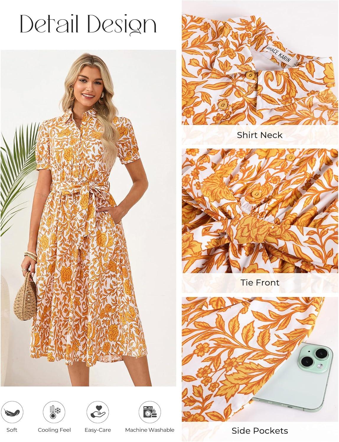 imageGRACE KARIN Womens Cotton Summer Boho Midi Dresses 2026 Puff Sleeve Shirt Dress Flowy Floral Wedding Guest Dress with PocketWhite Yellow