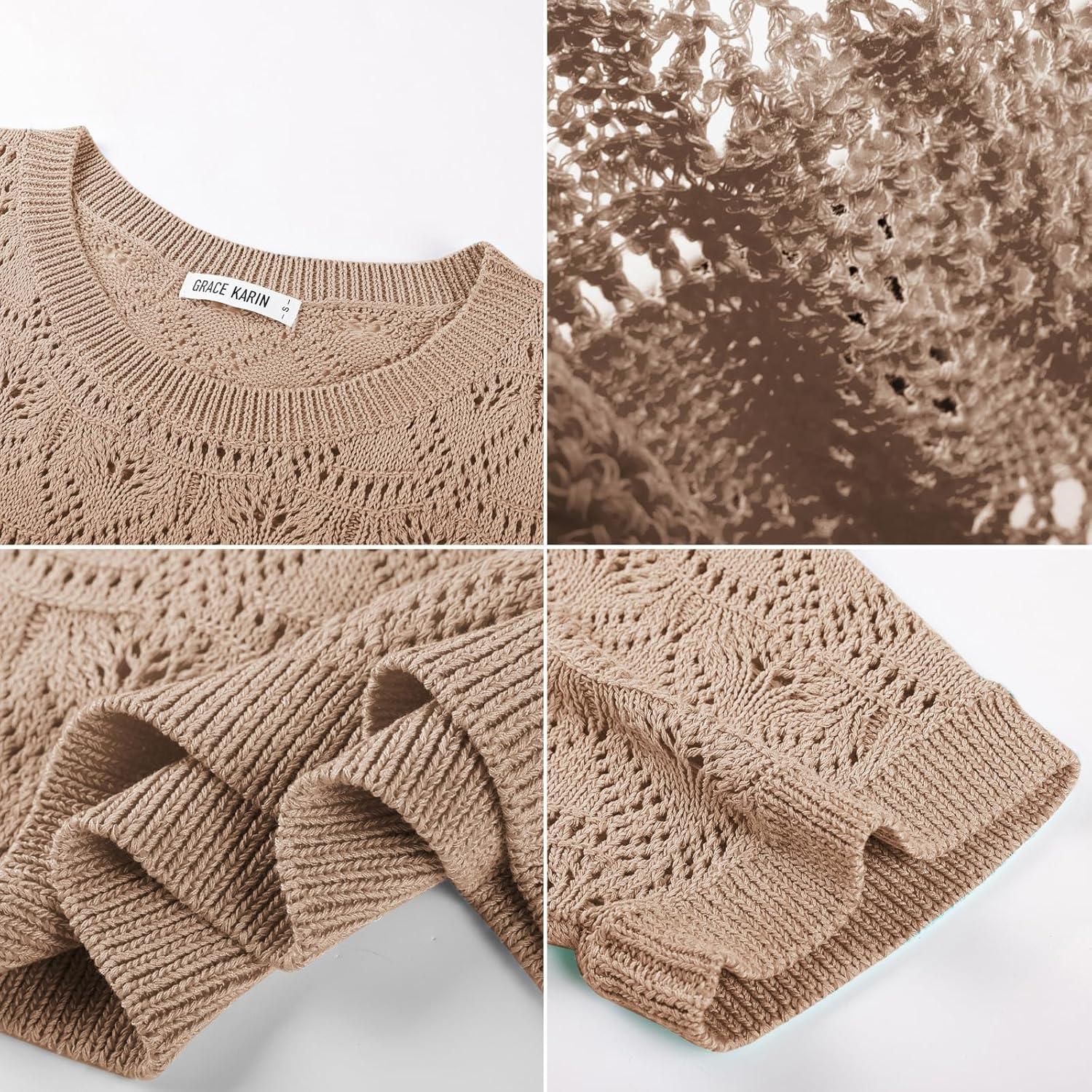 imageGRACE KARIN Womens Crochet Loose Sweater Short Sleeve Lightweight Summer Tops Off Shoulder Hollow Out Crewneck PulloverKhaki