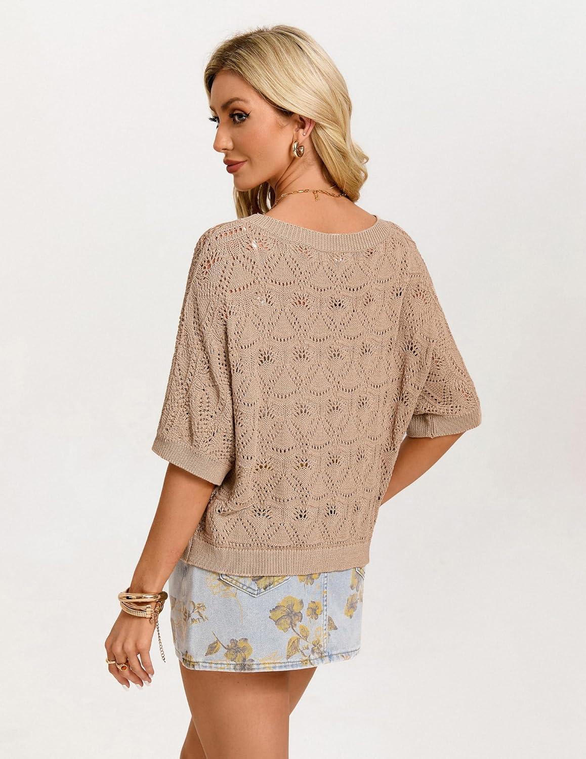 imageGRACE KARIN Womens Crochet Loose Sweater Short Sleeve Lightweight Summer Tops Off Shoulder Hollow Out Crewneck PulloverKhaki