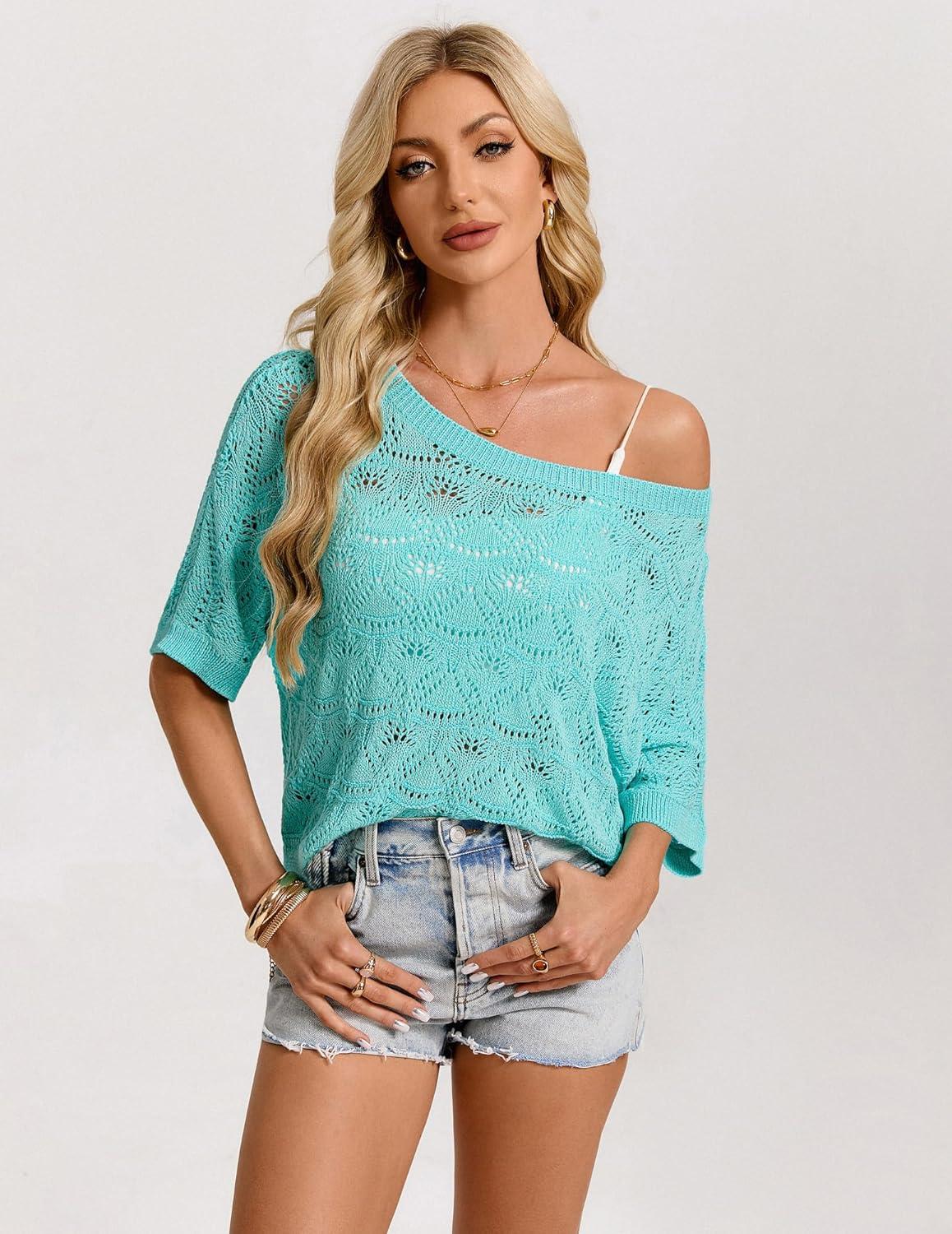 imageGRACE KARIN Womens Crochet Loose Sweater Short Sleeve Lightweight Summer Tops Off Shoulder Hollow Out Crewneck PulloverLight Blue