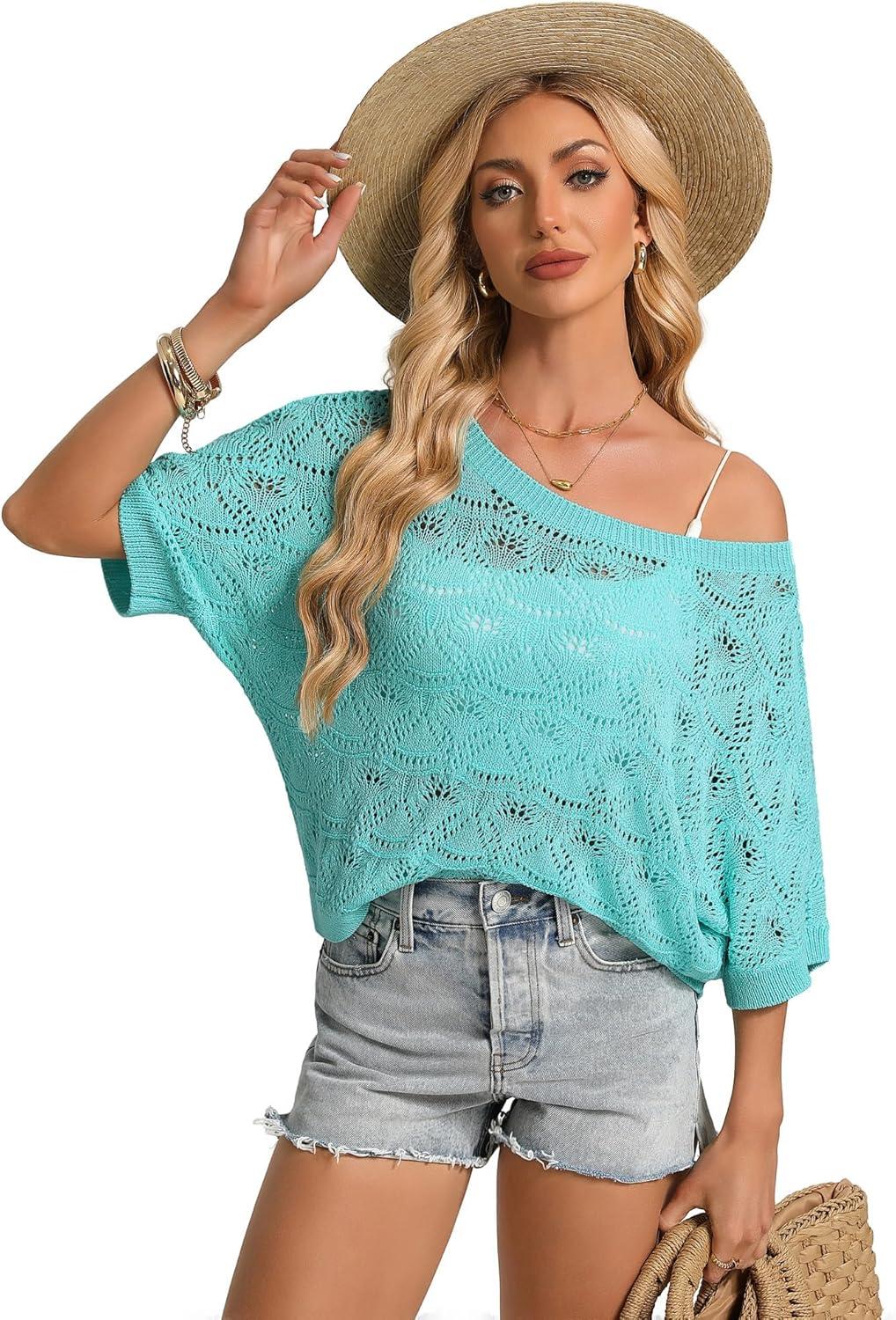 imageGRACE KARIN Womens Crochet Loose Sweater Short Sleeve Lightweight Summer Tops Off Shoulder Hollow Out Crewneck PulloverLight Blue