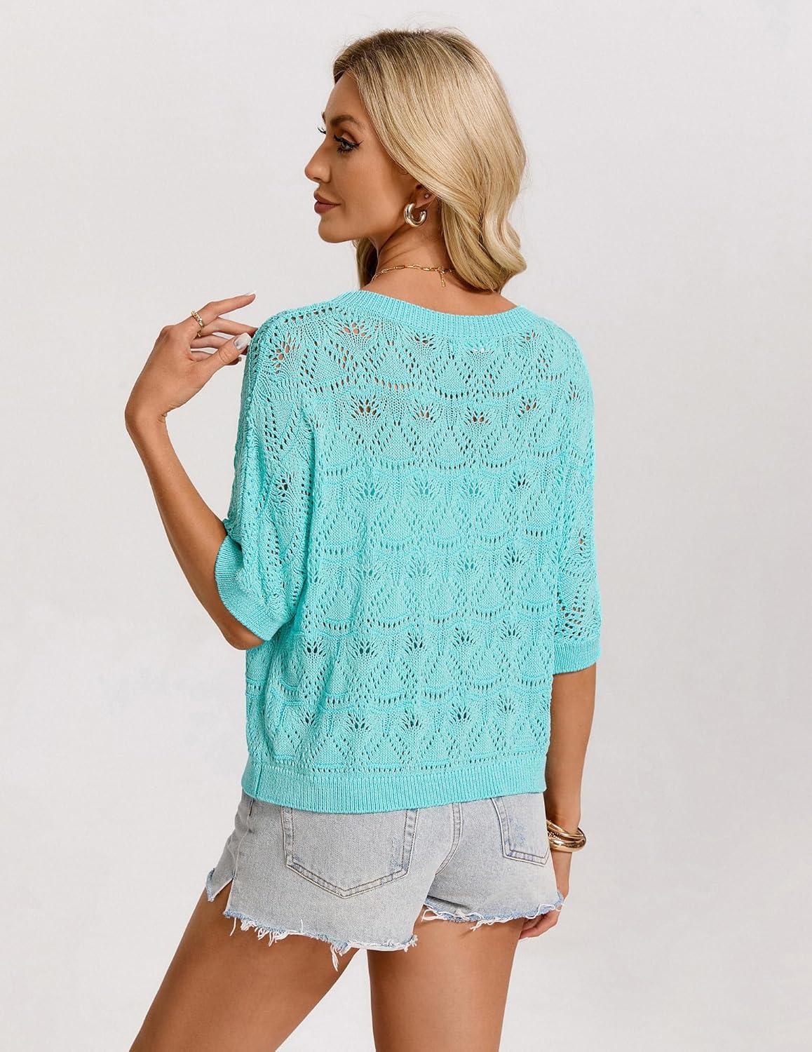 imageGRACE KARIN Womens Crochet Loose Sweater Short Sleeve Lightweight Summer Tops Off Shoulder Hollow Out Crewneck PulloverLight Blue