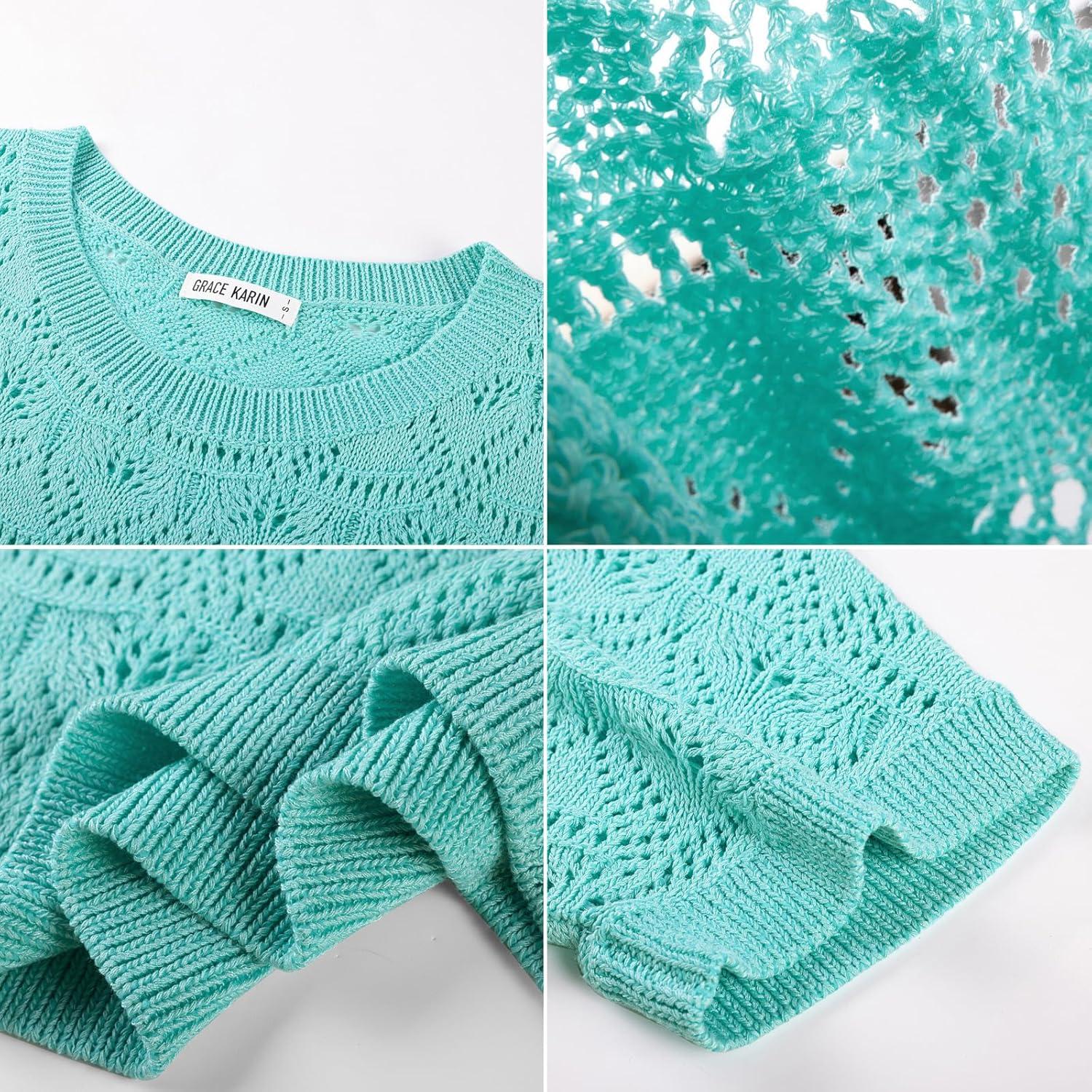 imageGRACE KARIN Womens Crochet Loose Sweater Short Sleeve Lightweight Summer Tops Off Shoulder Hollow Out Crewneck PulloverLight Blue
