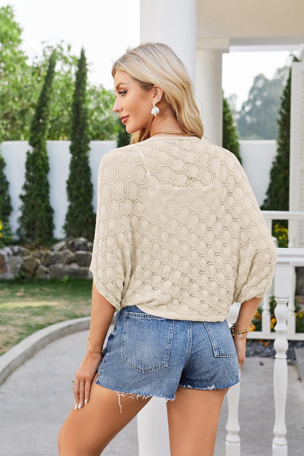 imageGRACE KARIN Womens Crochet Summer Cardigan Shrug 2025 Lightweight Open Front Hollowout Batwing Cardigan Sweater OutwearApricot